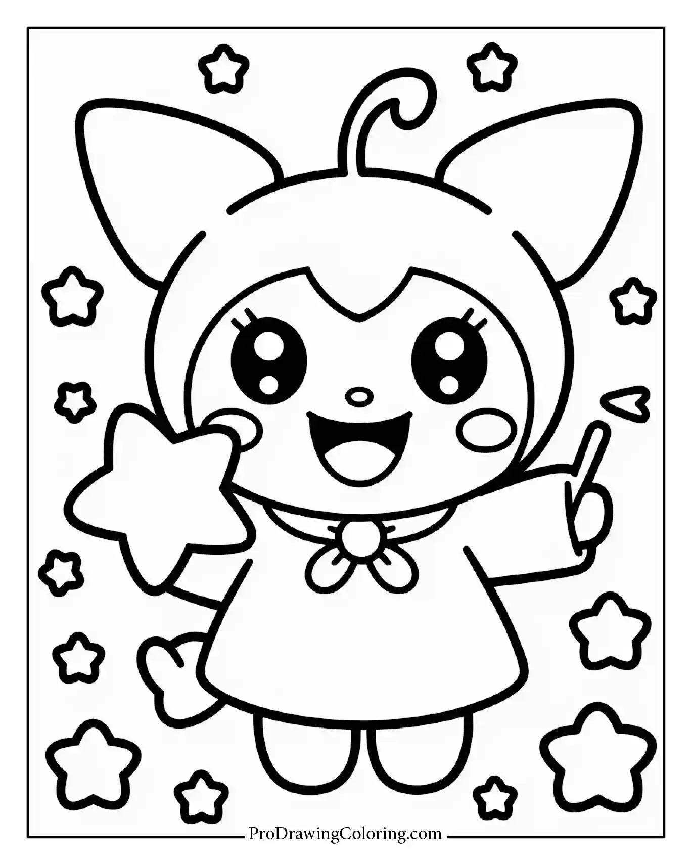 Kawaii Kuromi holding a star coloring page, dreamy vibes, great for kids and adults.