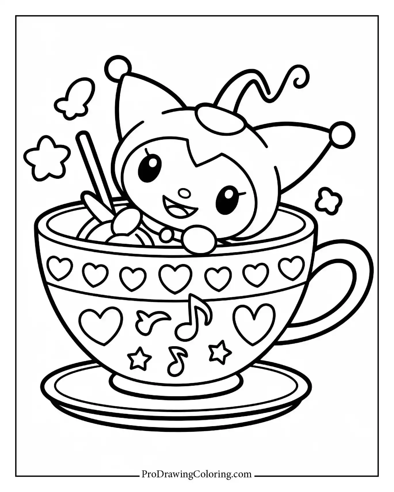 Sparkling Kuromi in a teacup coloring page, elegant aesthetic, great for developing motor skills.