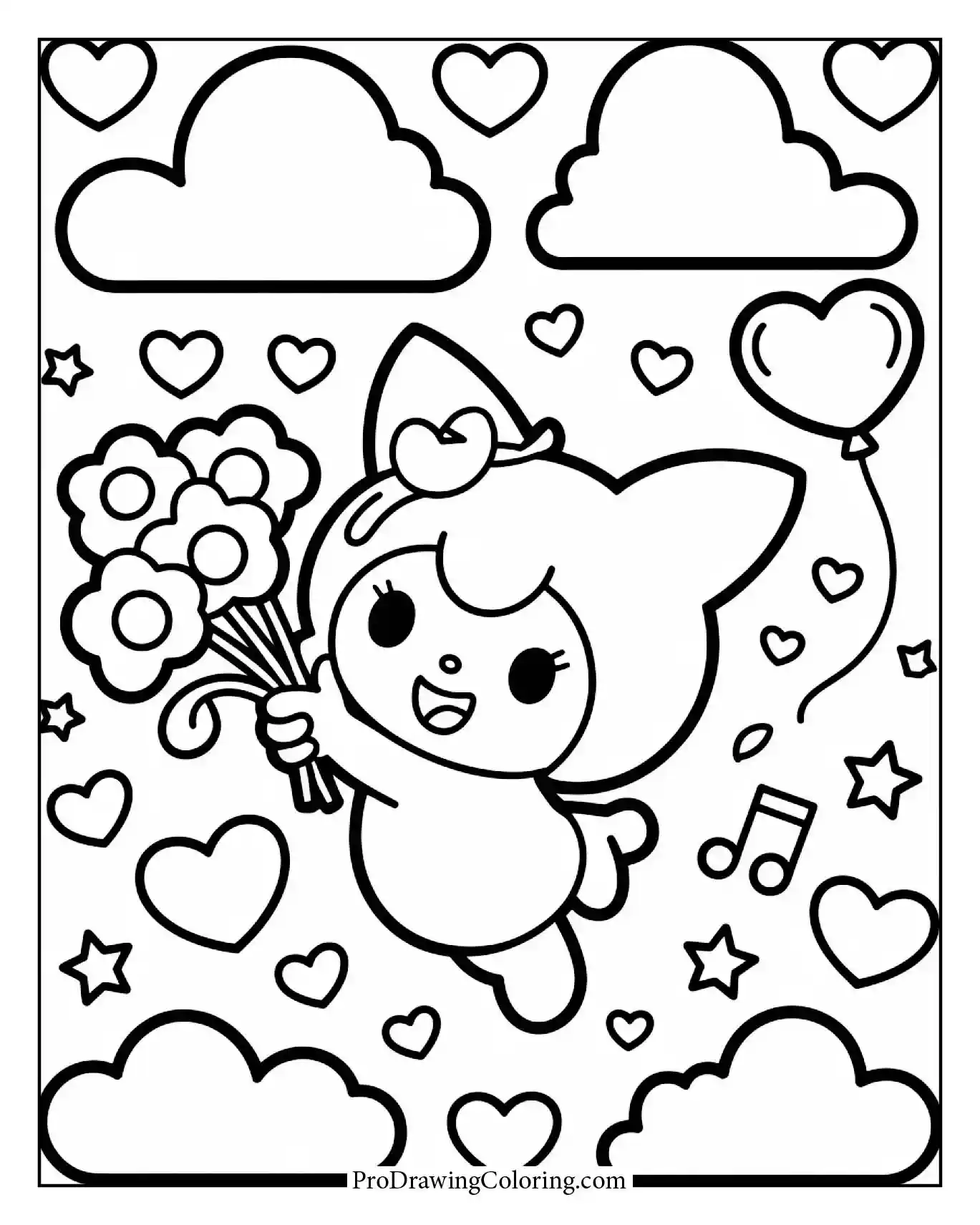 Creative Kuromi in love, dreamy aesthetic, a lovely printable scene to color.