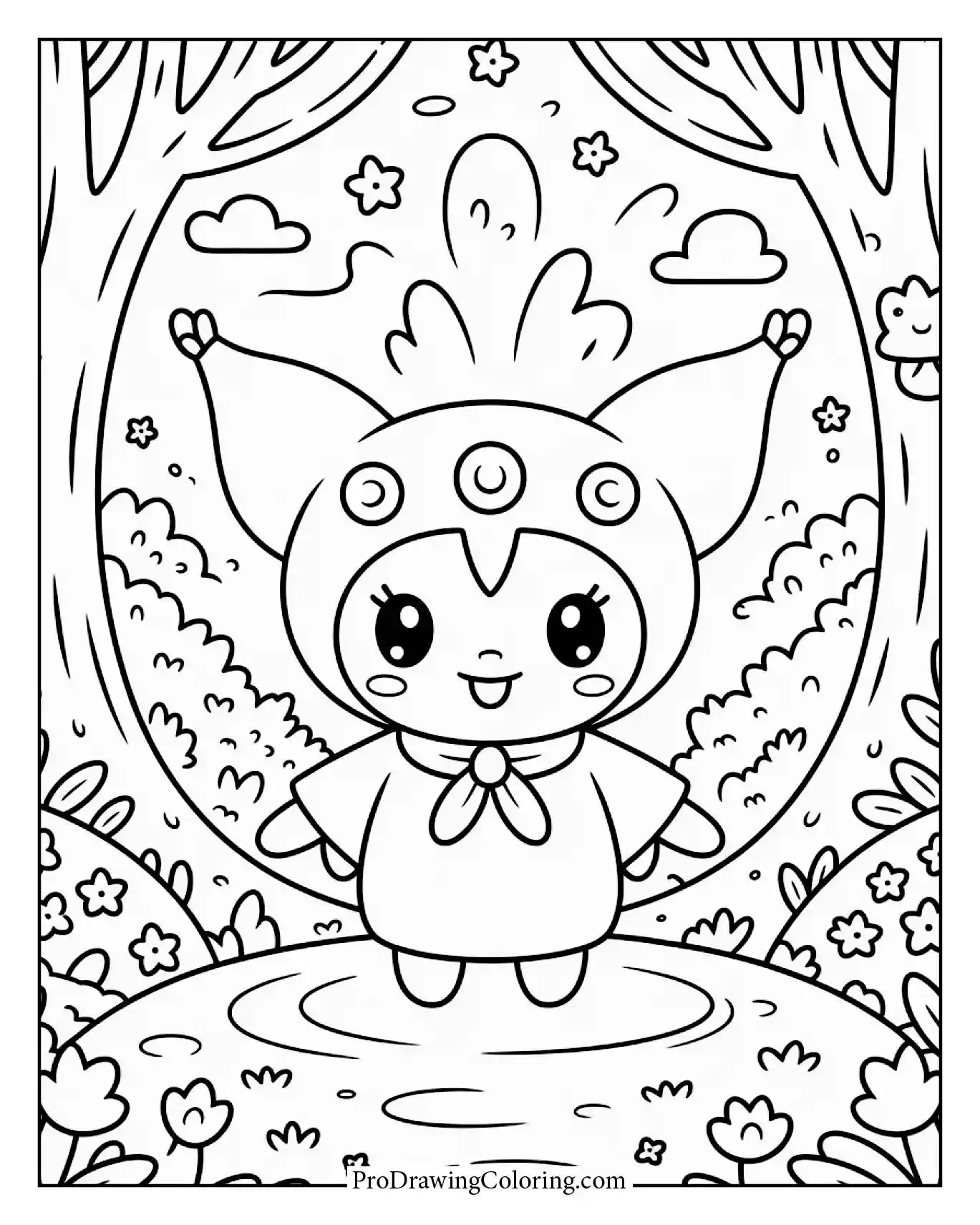 Magical Kuromi in forest coloring page, fantasy aesthetic, ideal for anyone who loves printables.