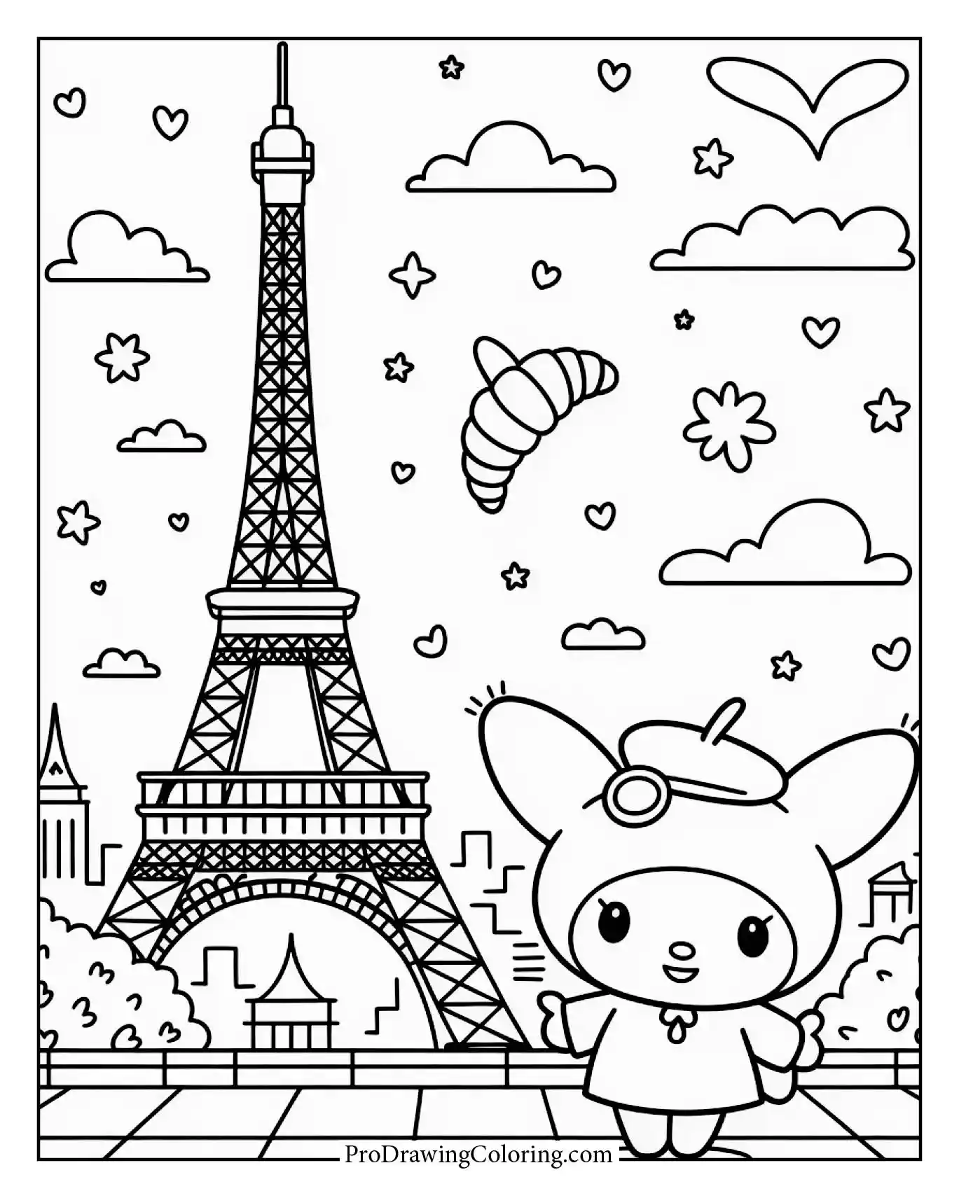 Travel-themed Kuromi in Paris coloring sheet, vacation vibes, city sketch.