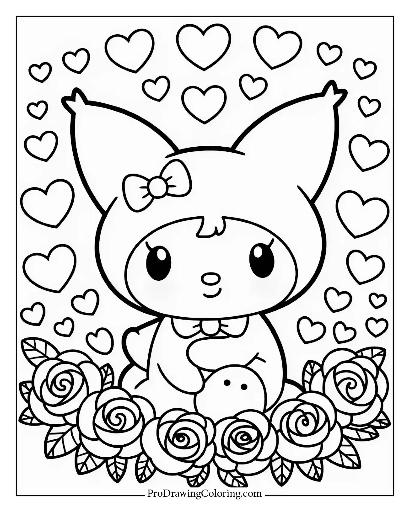 Romantic Kuromi with hearts and flowers, printable art, gift idea.