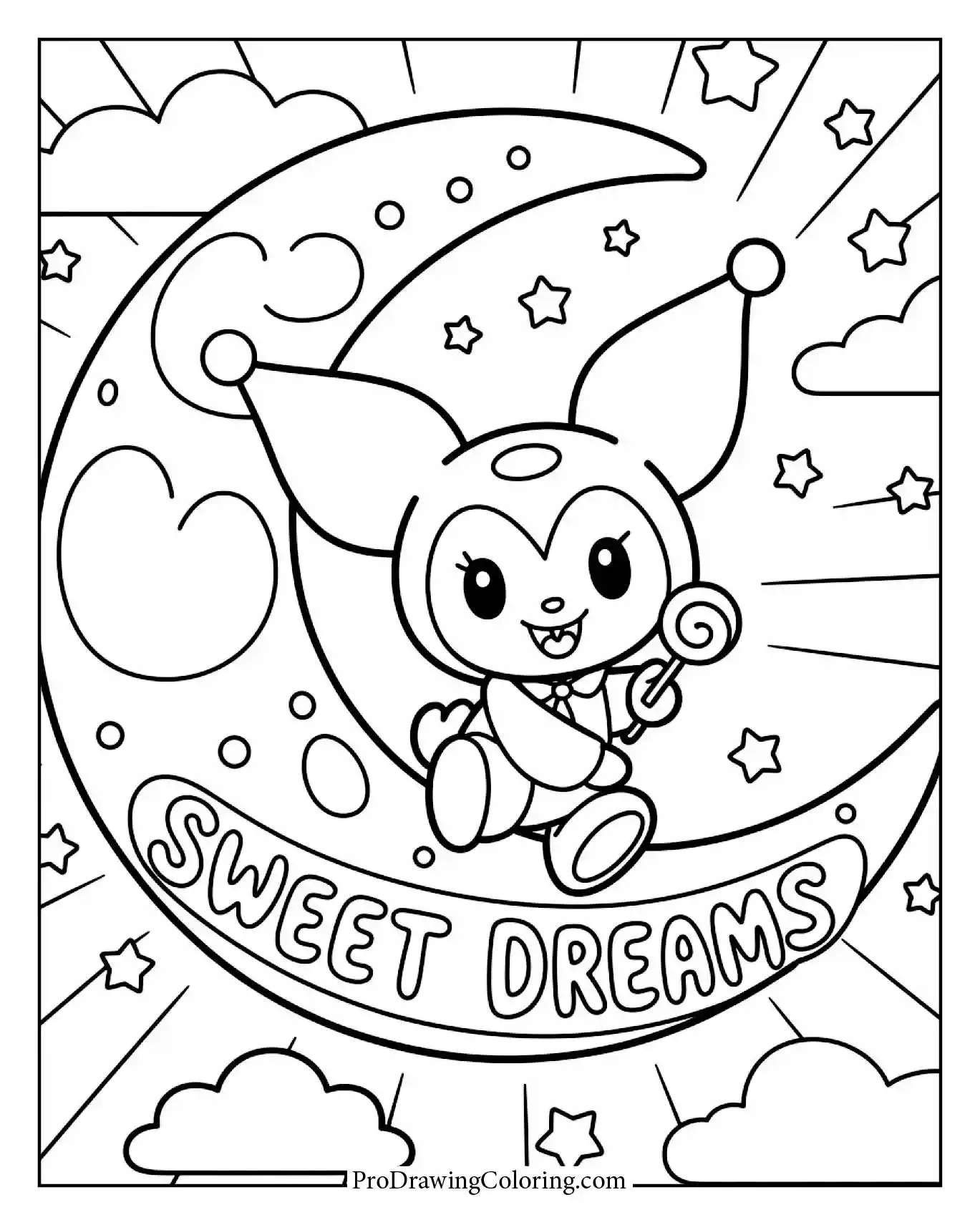 Graceful Kuromi on the moon coloring page, celestial vibes, ideal for fans of Sanrio.