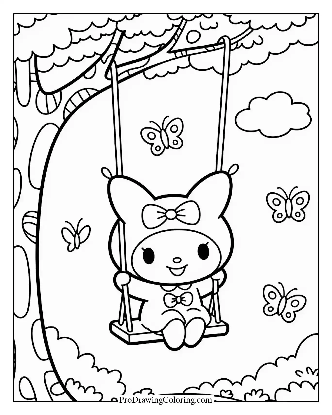 Charming Kuromi on a swing, printable image, garden play.