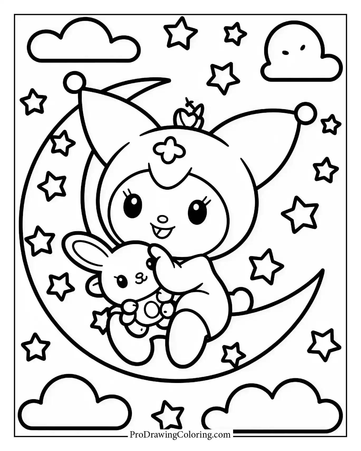 Starry Kuromi under the stars coloring page, celestial aesthetic, a stylish addition to any set.