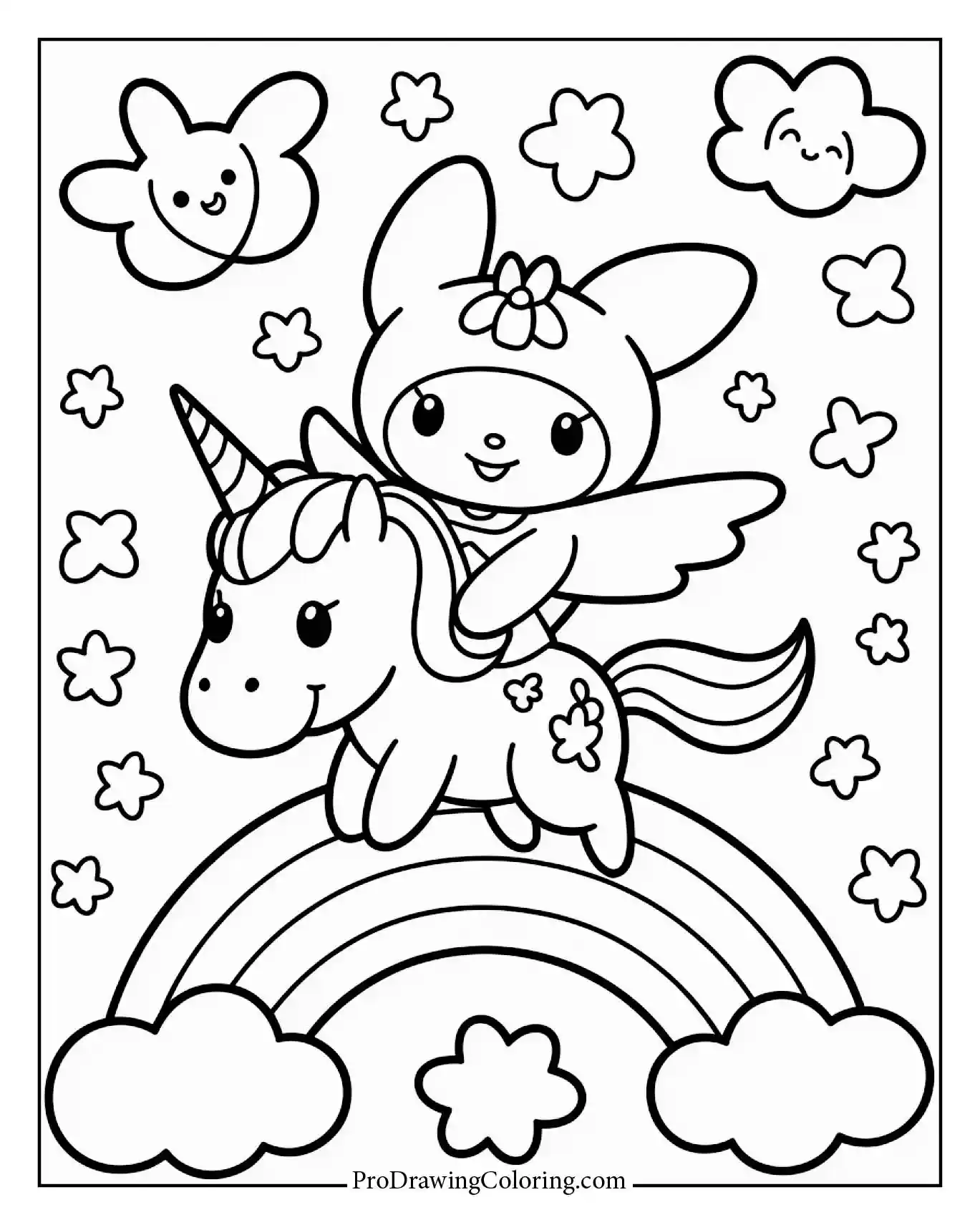 Whimsical Kuromi riding a unicorn, printable fantasy, magical creature.