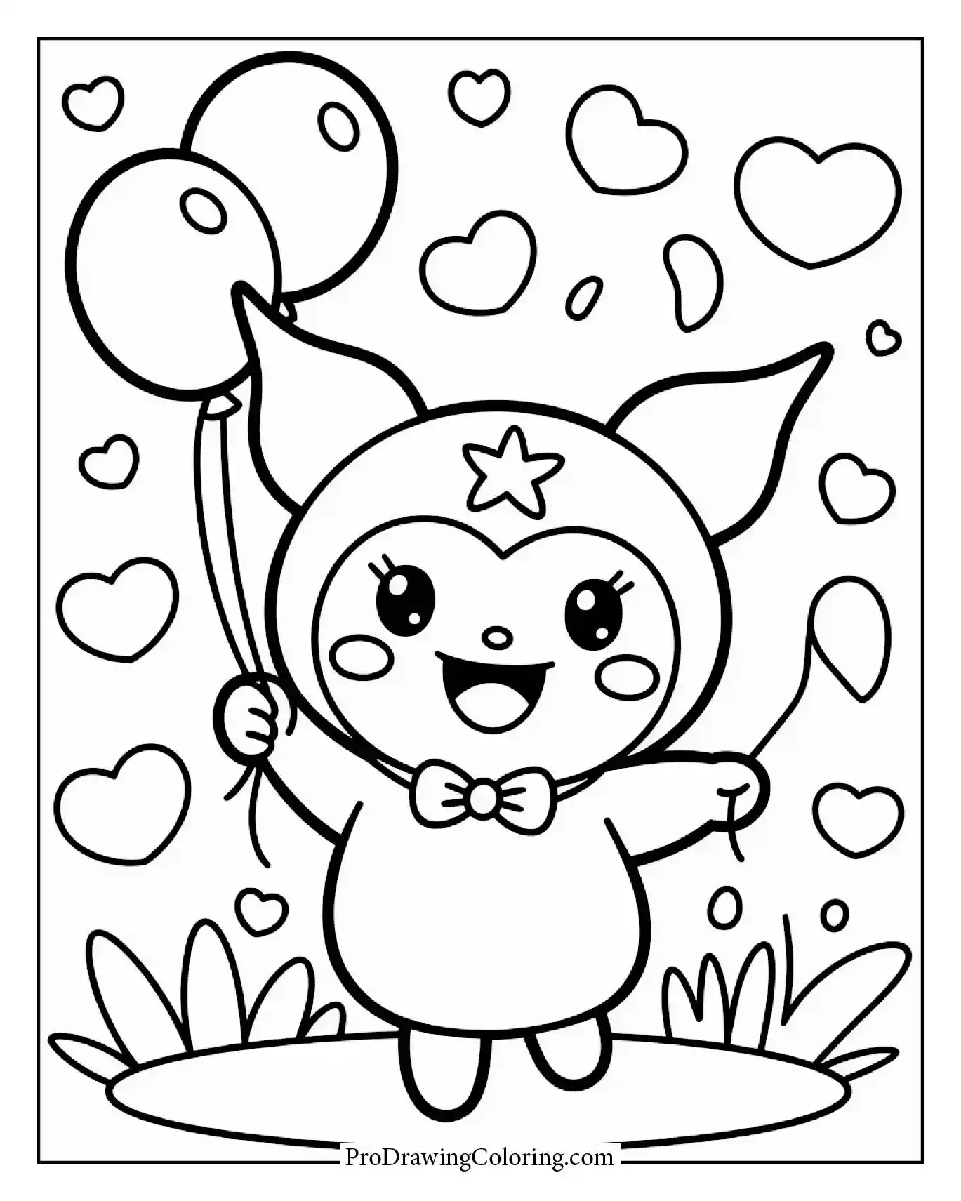 Happy Kuromi with balloons, bright party aesthetic, full of sweet vibes to bring to life.