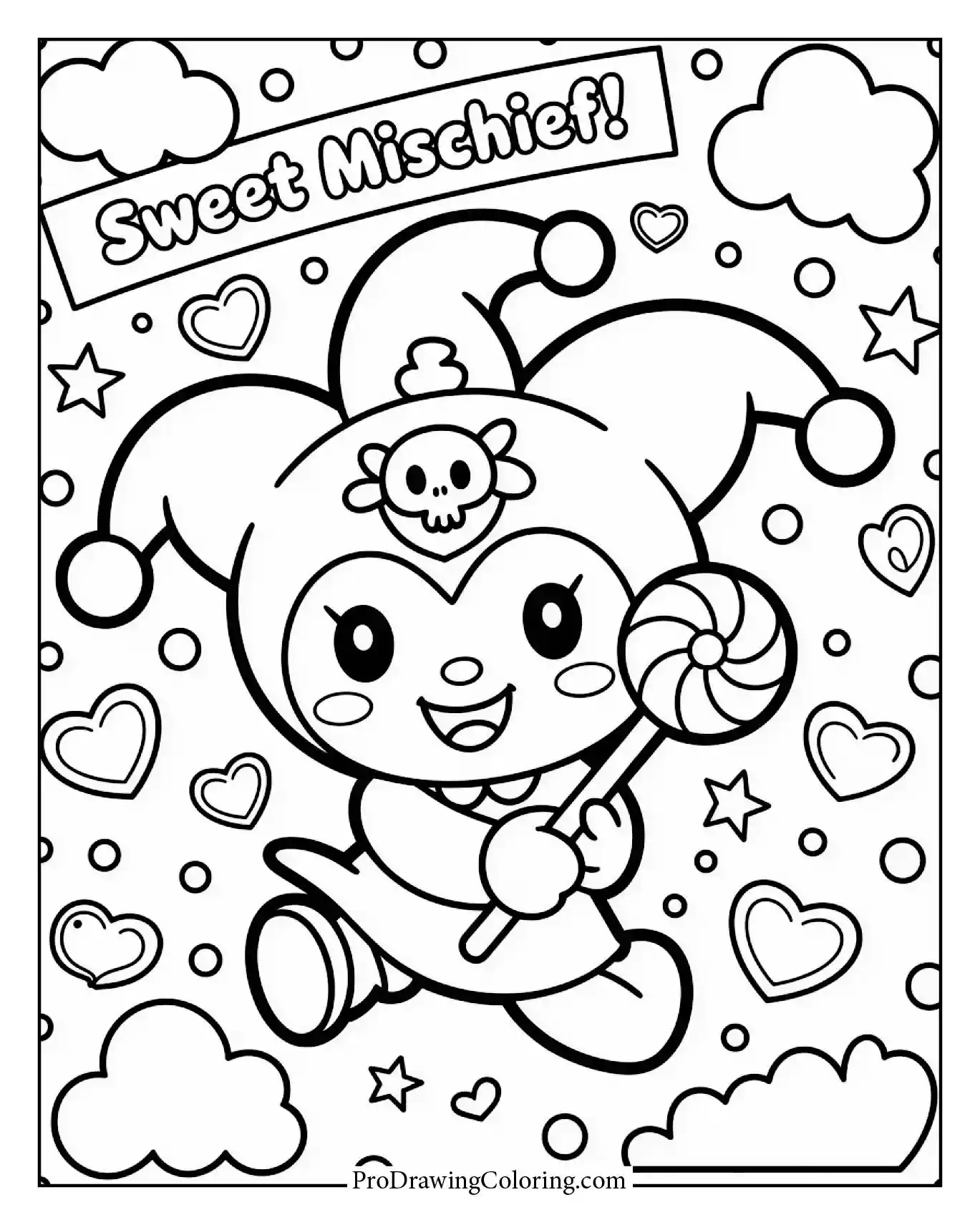 Snuggly Kuromi with candy coloring page, sweet aesthetic, fun for birthday parties.