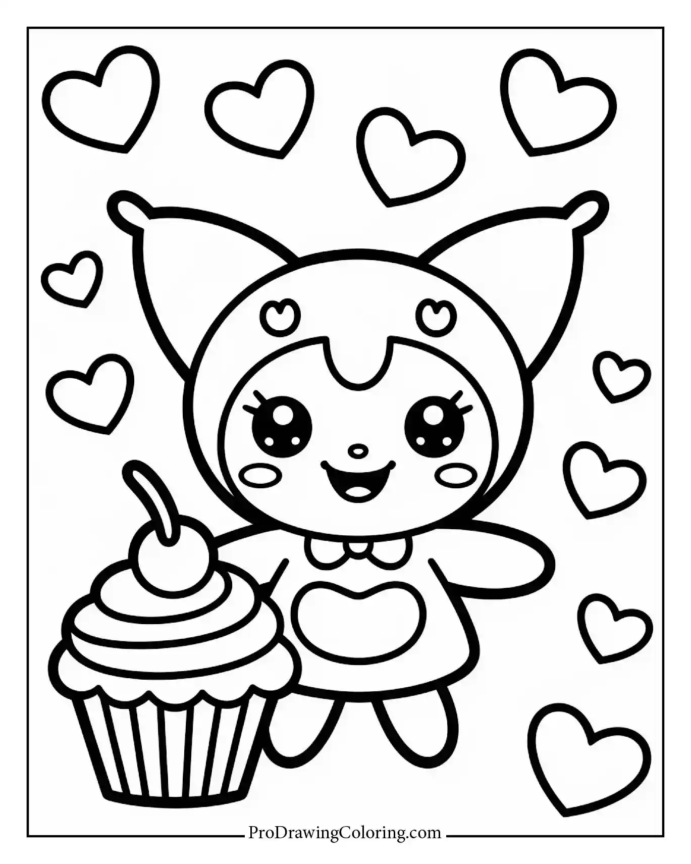Charming Kuromi with cupcake coloring page, soft aesthetic, perfect for a relaxing activity.