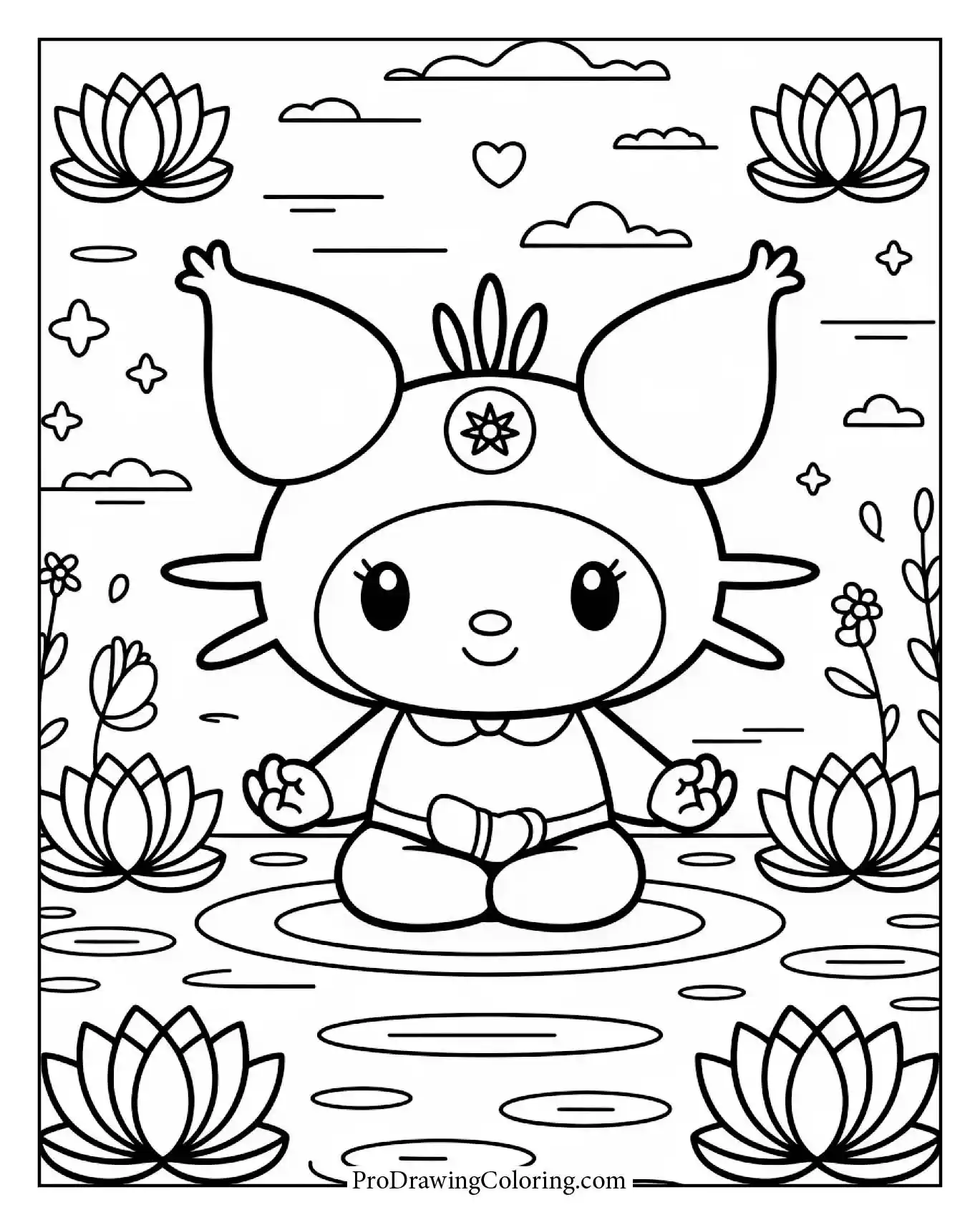 Relaxing Kuromi doing yoga, calm aesthetic, meditation pose.