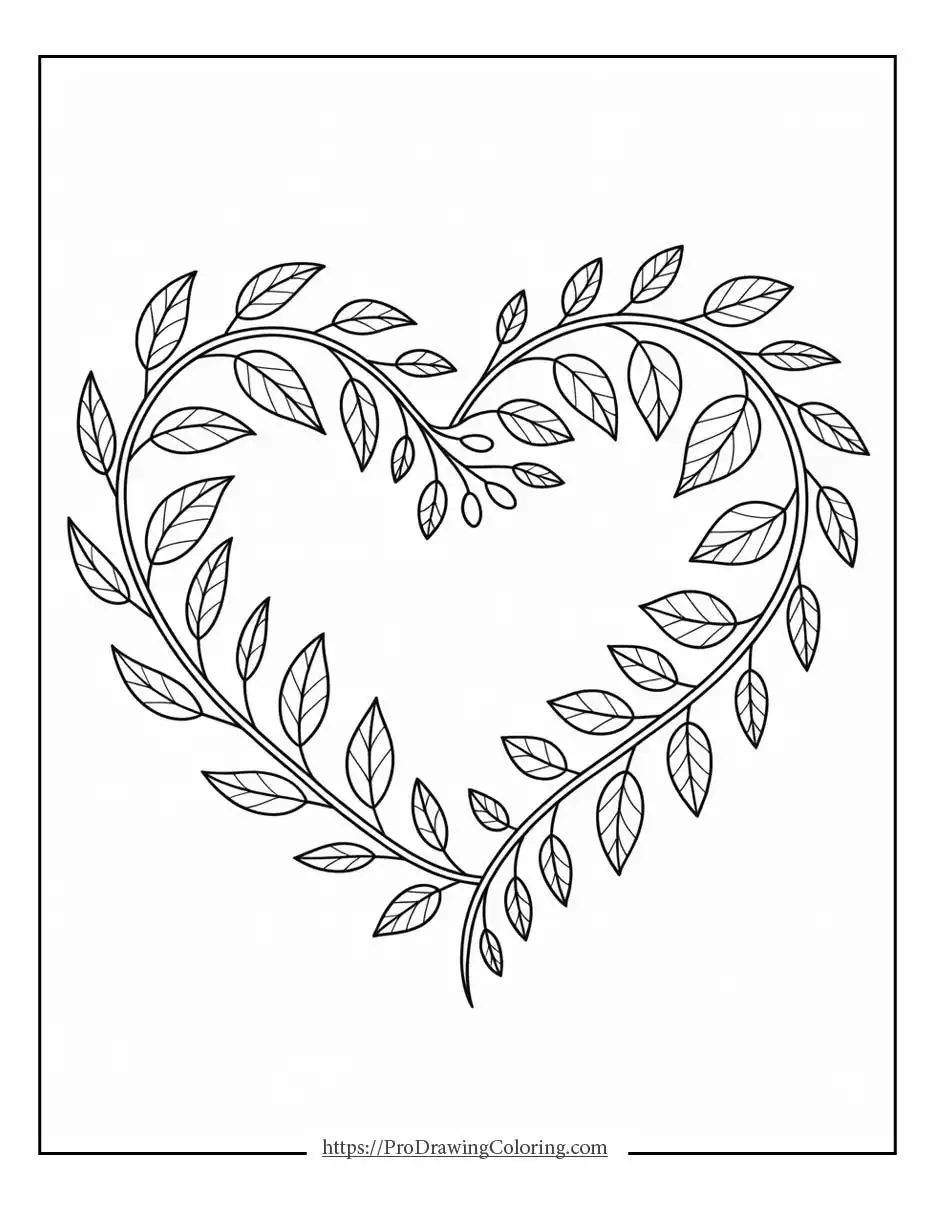 Graceful heart coloring pages formed with leafy branches, ideal for calm and creative coloring moments