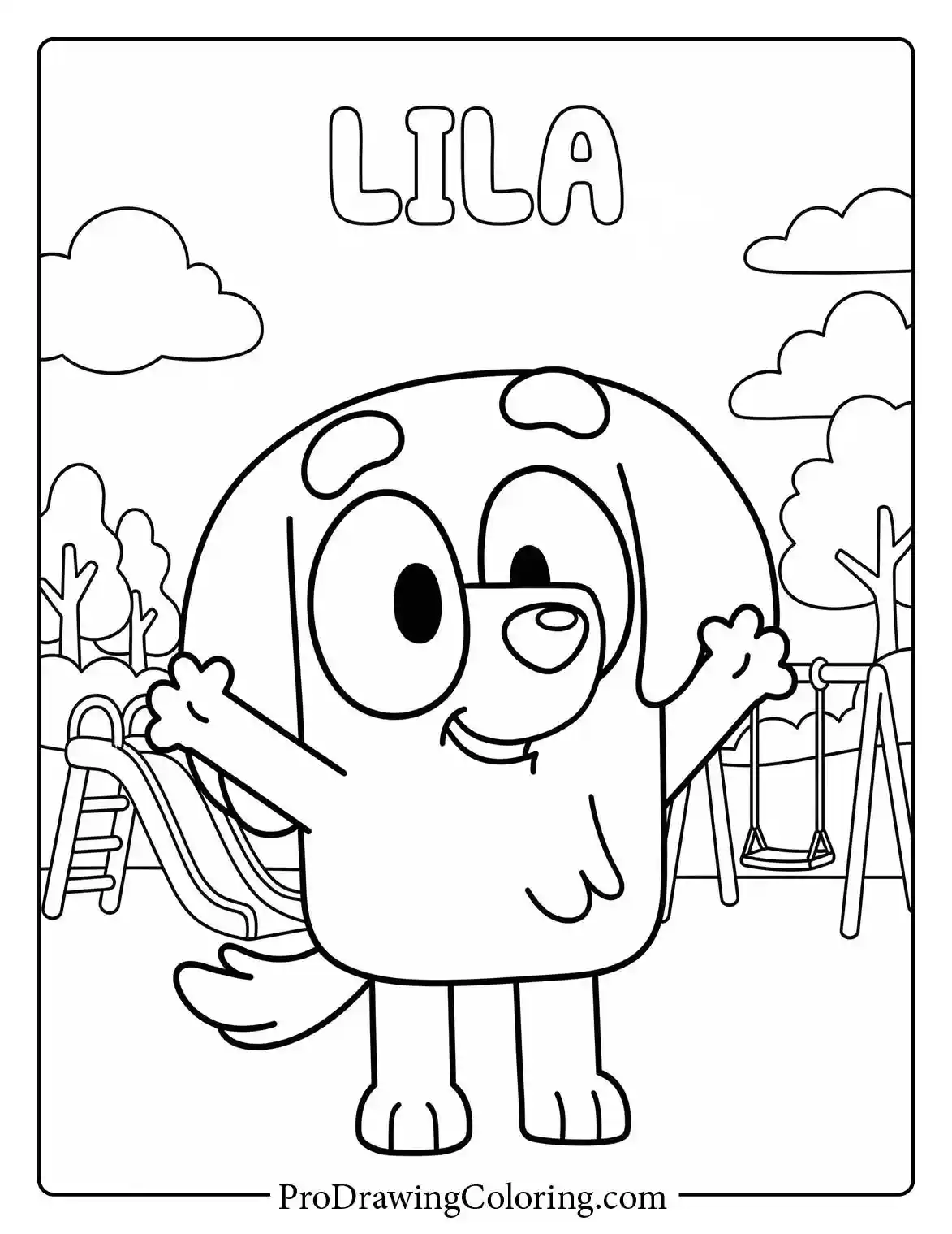 Sweet little Lila, Bluey's friend, raising her arms happily in this simple coloring picture from our bluey and friends.