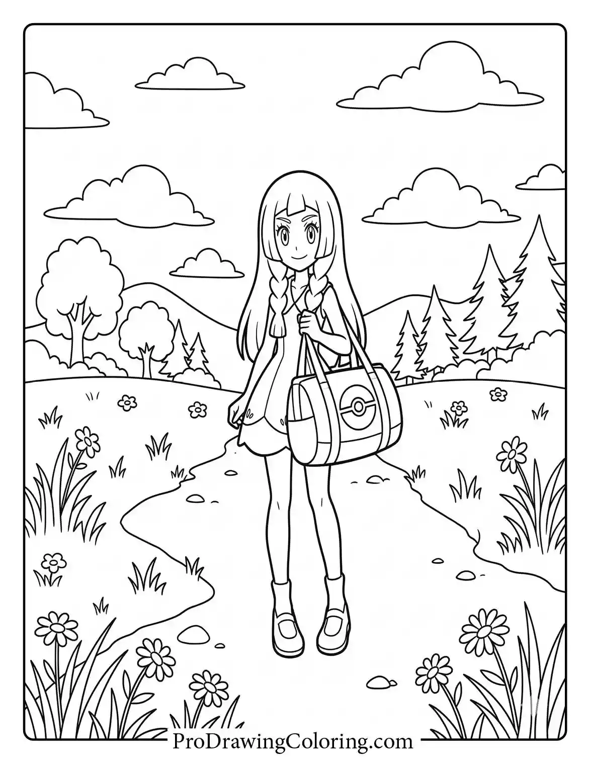 Lillie stands in a beautiful garden filled with flowers, a kawaii Pokemon coloring sheet for girls.