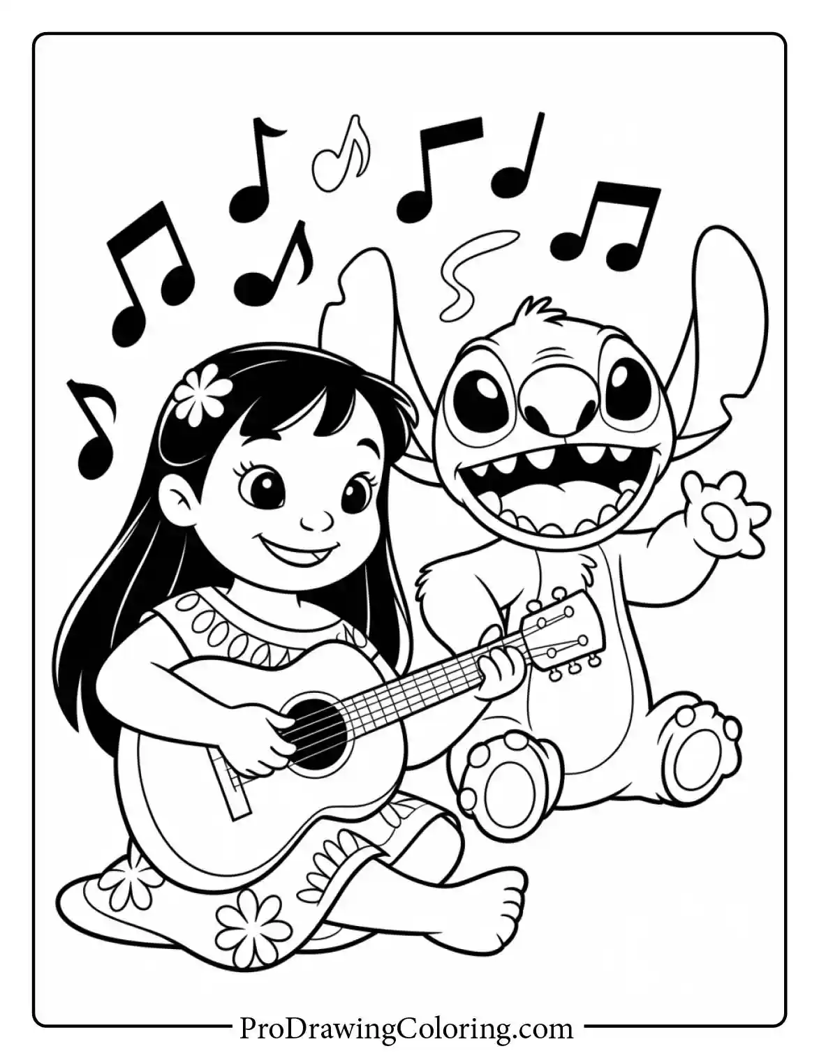 Happy Lilo and Stitch coloring page showing Lilo playing a guitar while Stitch sings.