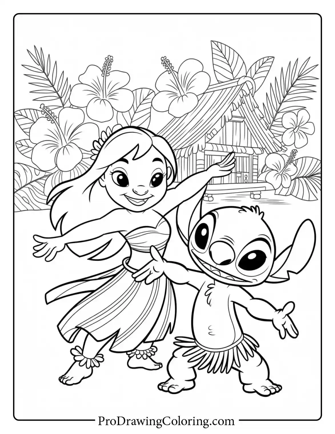 Happy Lilo and Stitch coloring pages showing them dancing hula on a summer beach in Hawaii.