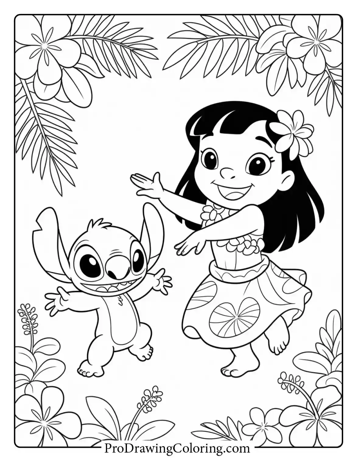 Beautiful Lilo and Stitch colouring page of them happily dancing among Hawaii spring flowers.