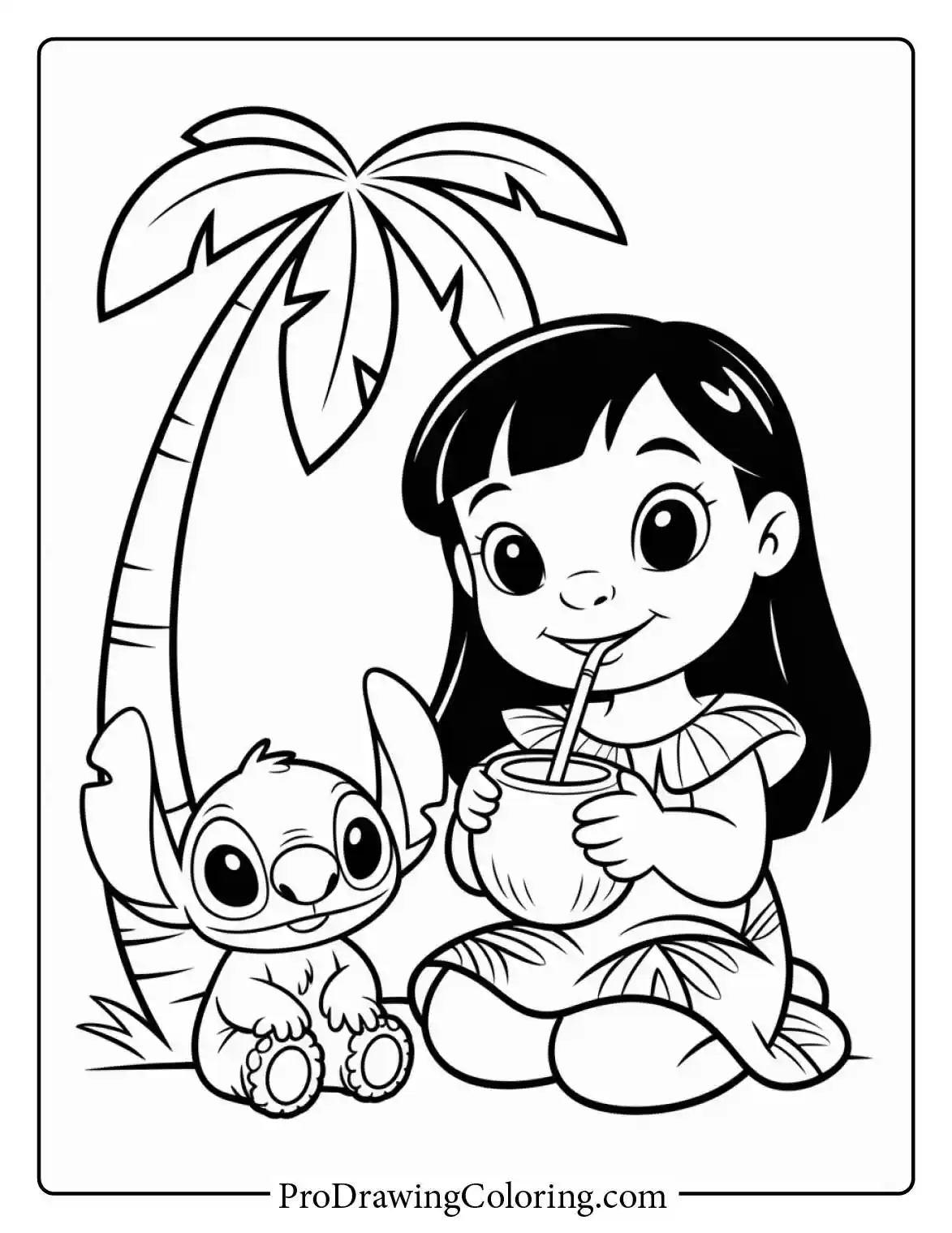 Refreshing line drawing showing Lilo and Stitch enjoying a summer drink in Hawaii.