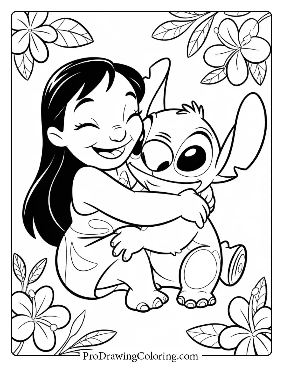 Emotional line art showing a beautiful drawing of a tight Ohana hug between Lilo and Stitch.