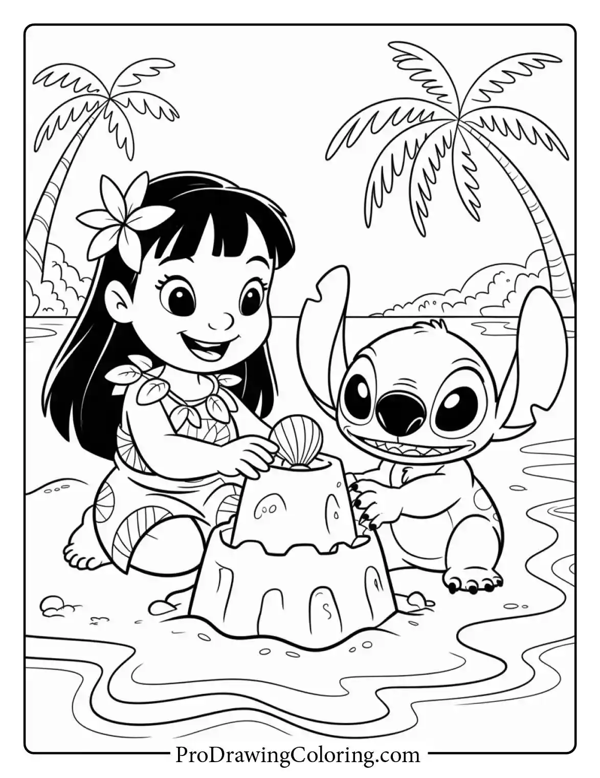 Fun printable of Lilo and Stitch where the kids are building a sandcastle on the summer beach.