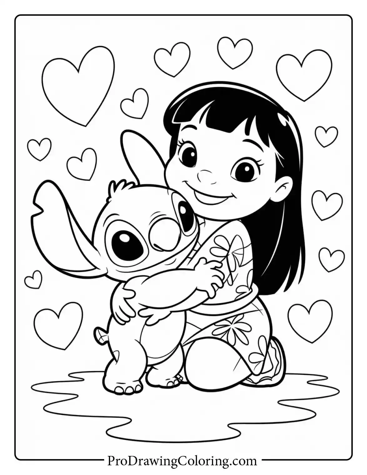 Adorable Lilo and Stitch coloring sheet surrounded by a heart background for a happy Valentine and Ohana.