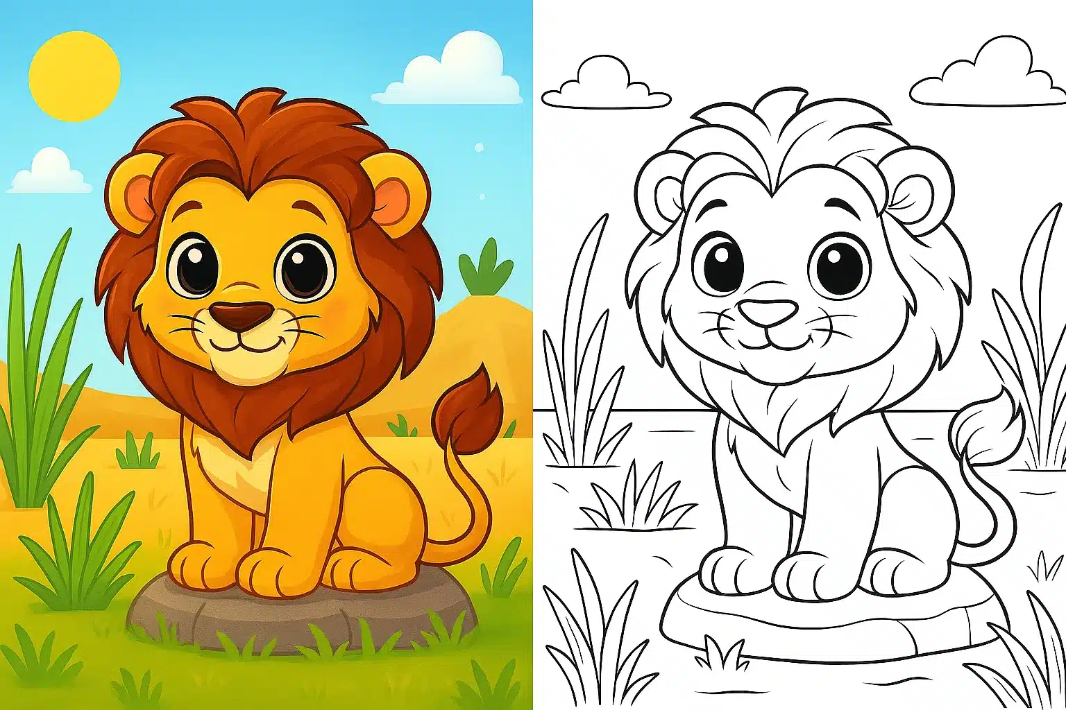 lion coloring pages – cute cartoon lion sitting on a rock in the savanna with bright blue sky and green grass; split image with left side fully colored and right side black-and-white lion coloring page for kids