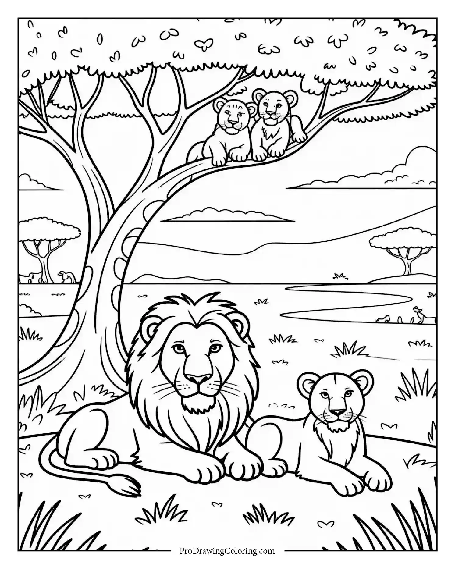 lion family resting under to print A lion family resting peacefully beneath a large savanna tree, warm tones and gentle atmosphere.