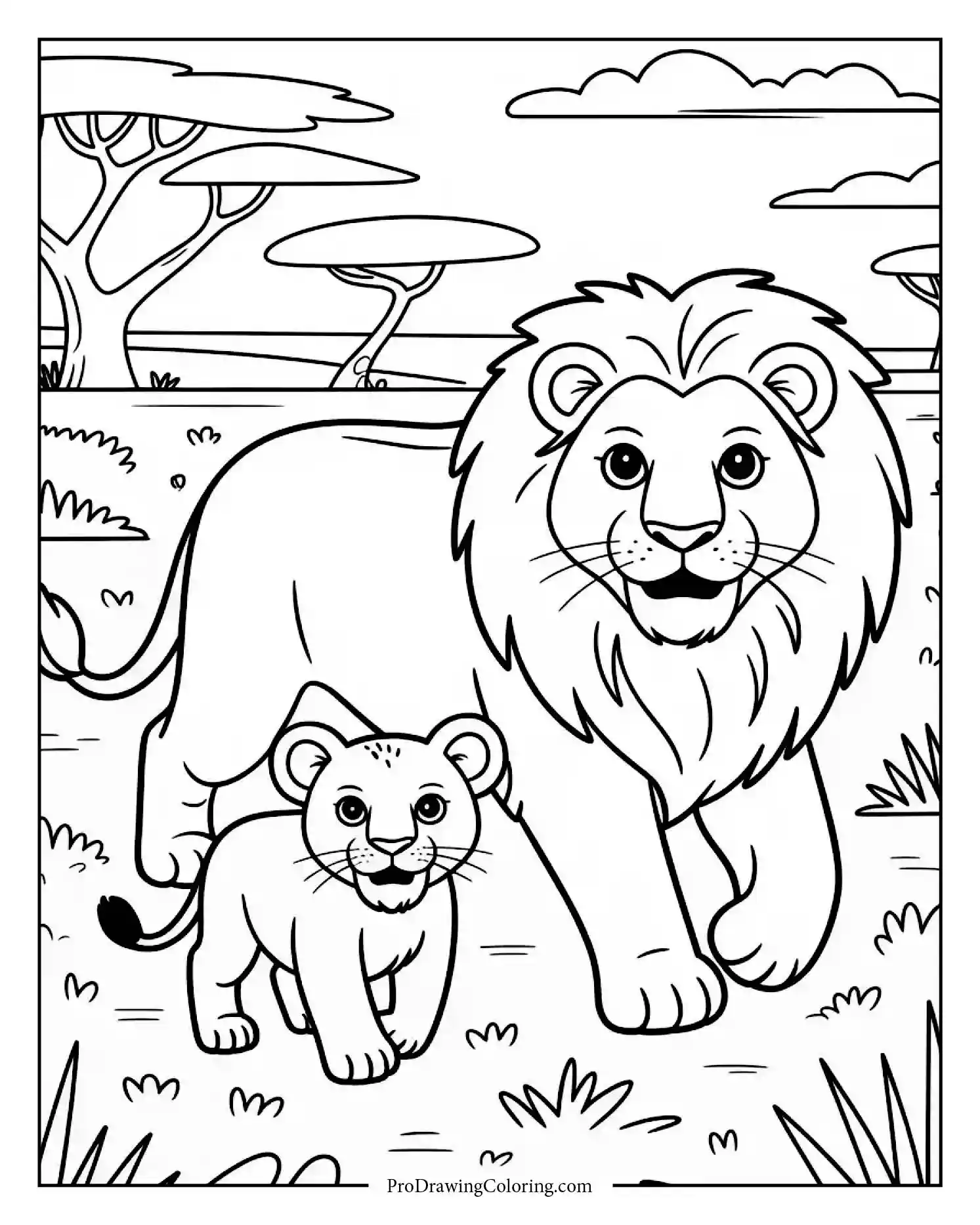 lion family walking across scene A majestic lion family walking together through the golden savanna, harmonious coloring sheet for adults.