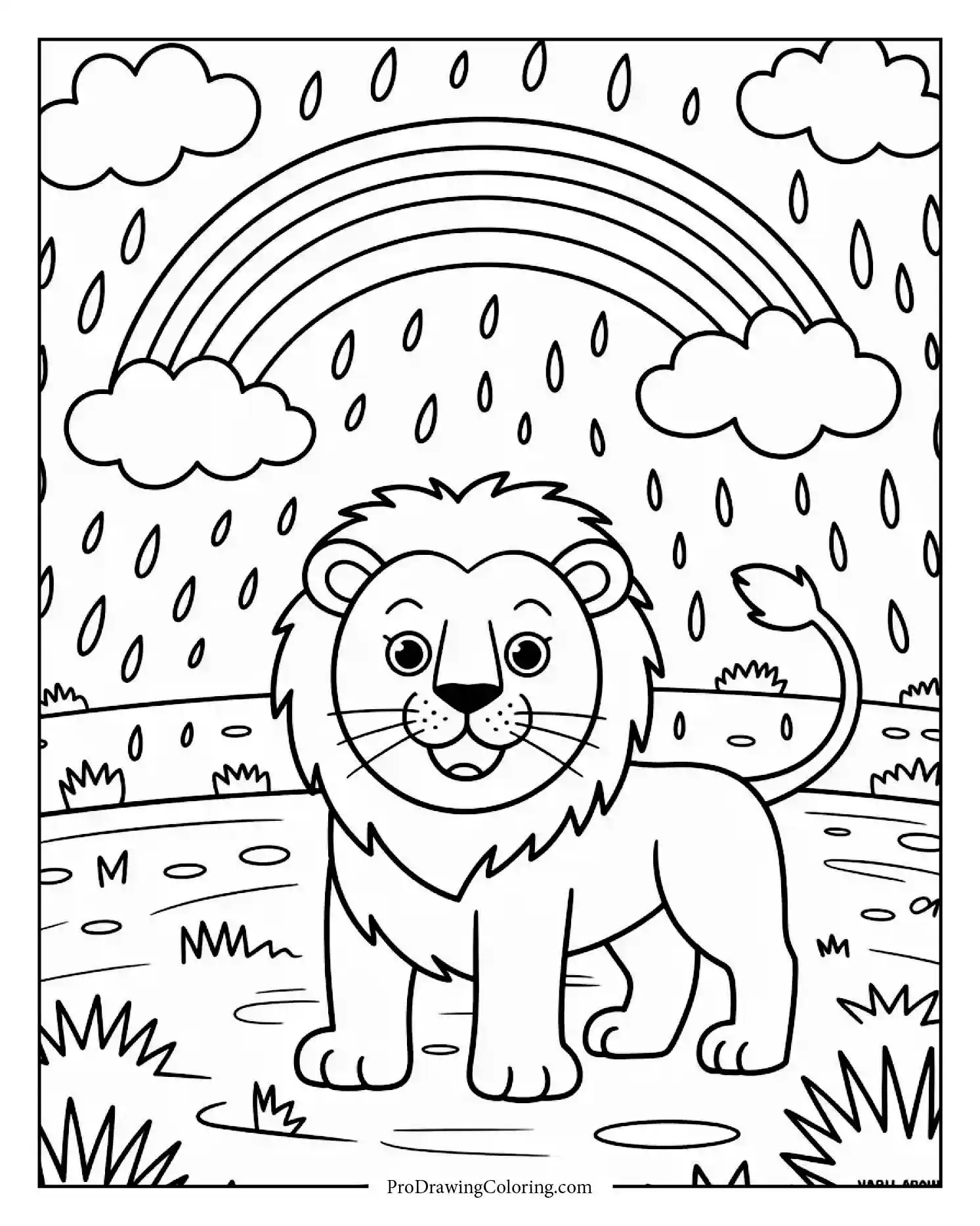 lion looking at rainbow scene A lion gazing at a bright rainbow after the rain — symbolic and soothing coloring page.