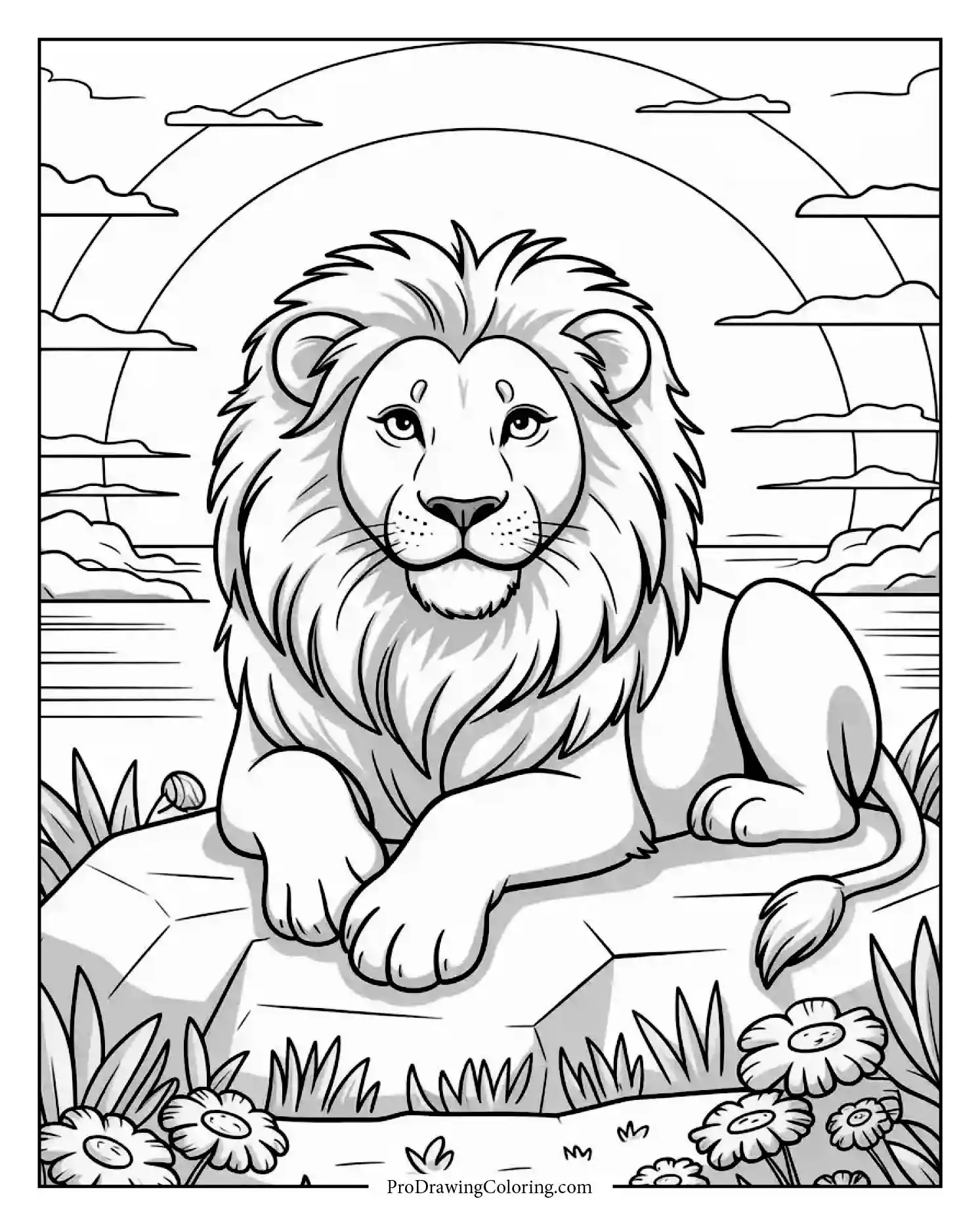 lion lying on rock scene A resting lion lying on a warm rock, bathed in the gentle glow of sunset.