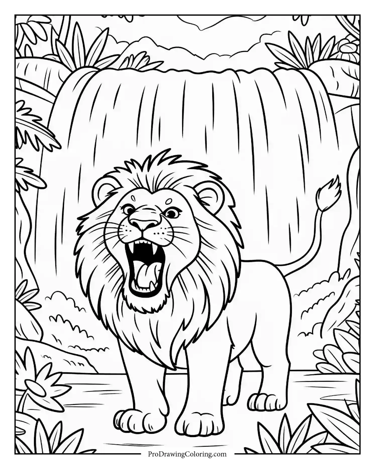 lion roaring near jungle coloring page A powerful lion roaring beside a cascading jungle waterfall, surrounded by mist.