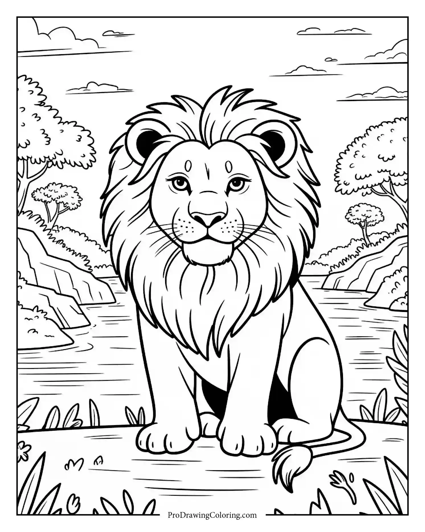 lion sitting beside calm printable A relaxed lion sitting near a quiet river, perfect printable scene for calm coloring moments.
