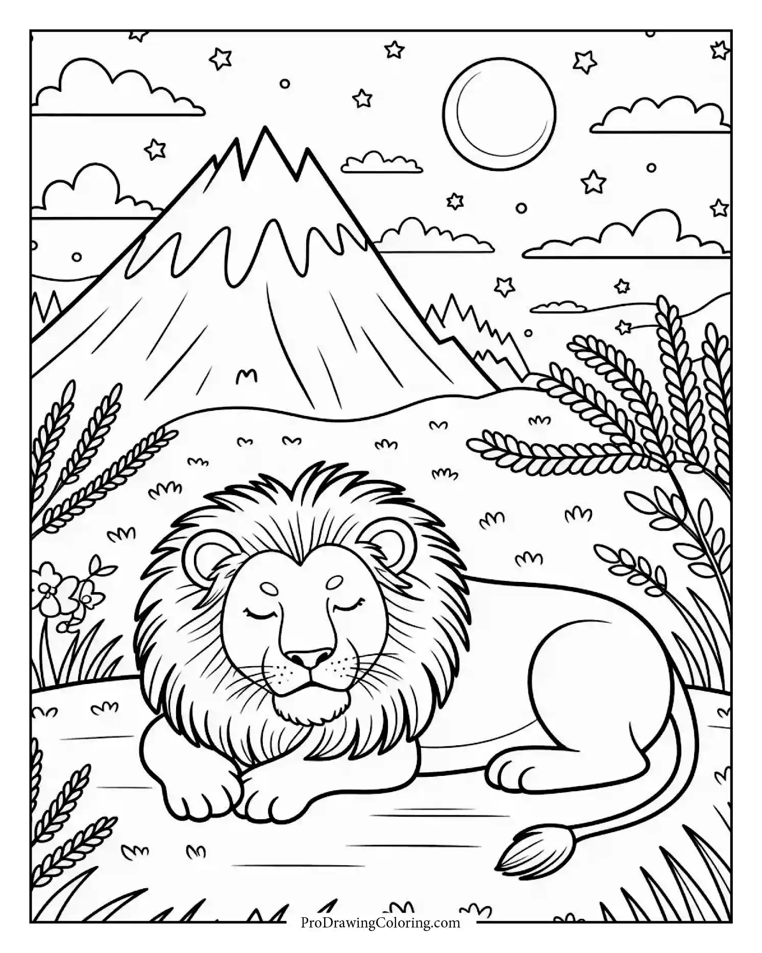 lion sleeping near mountain scene A resting lion under moonlight beside mountains, peaceful and dreamy ambiance.