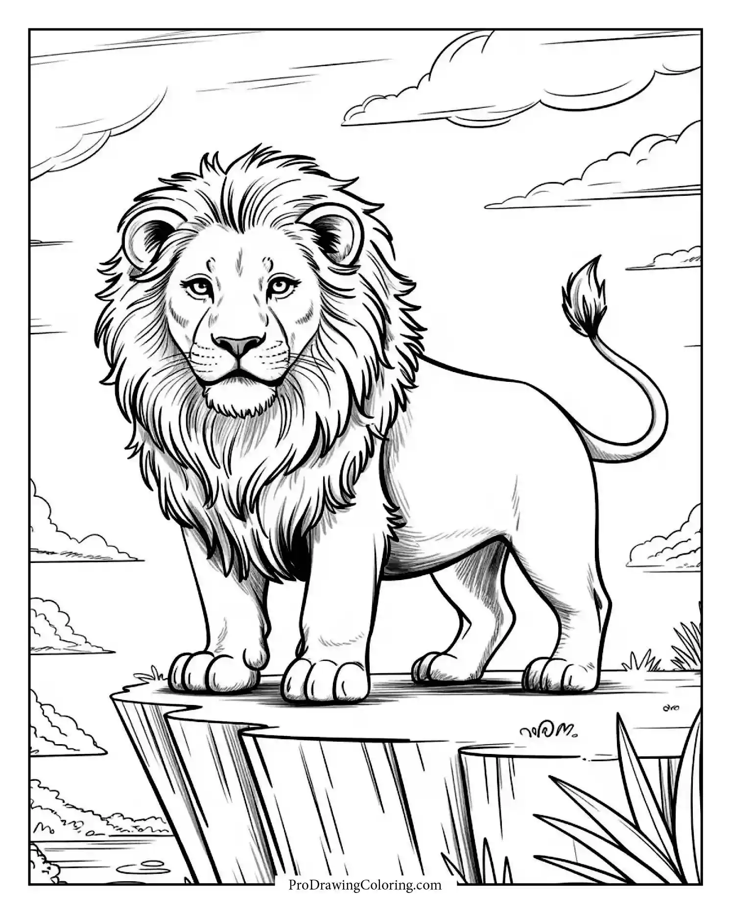 lion standing on cliff scene A dramatic lion standing on a cliff beneath a stormy sky, power and light blending beautifully.