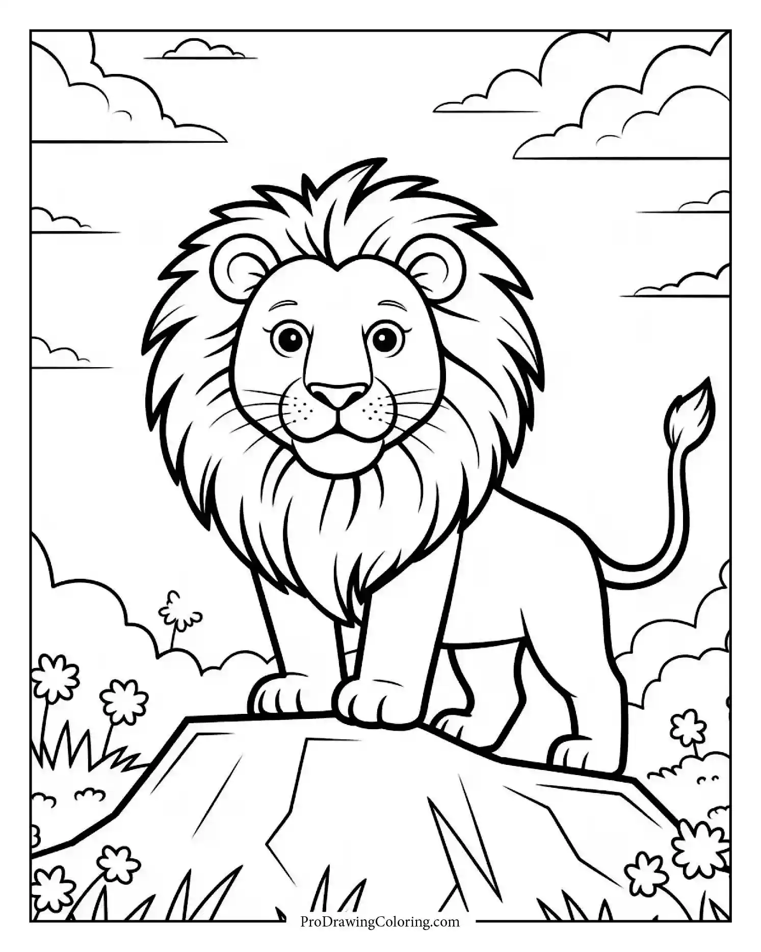 lion standing on rock to print A brave lion standing tall on a rock, clouds drifting above in a serene background.