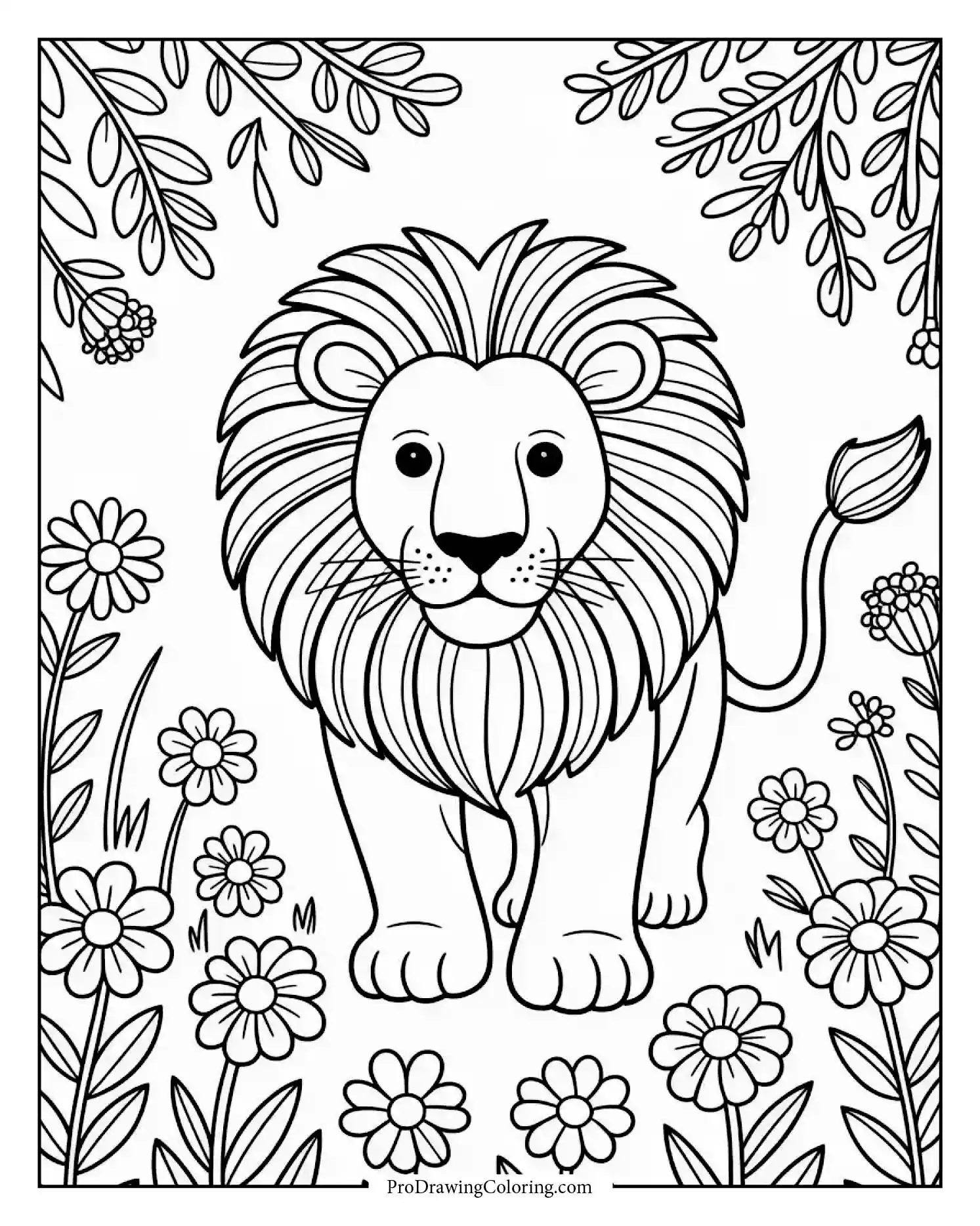 lion walking through jungle printable A lion strolling through blooming jungle flowers, filled with soft tropical colors.