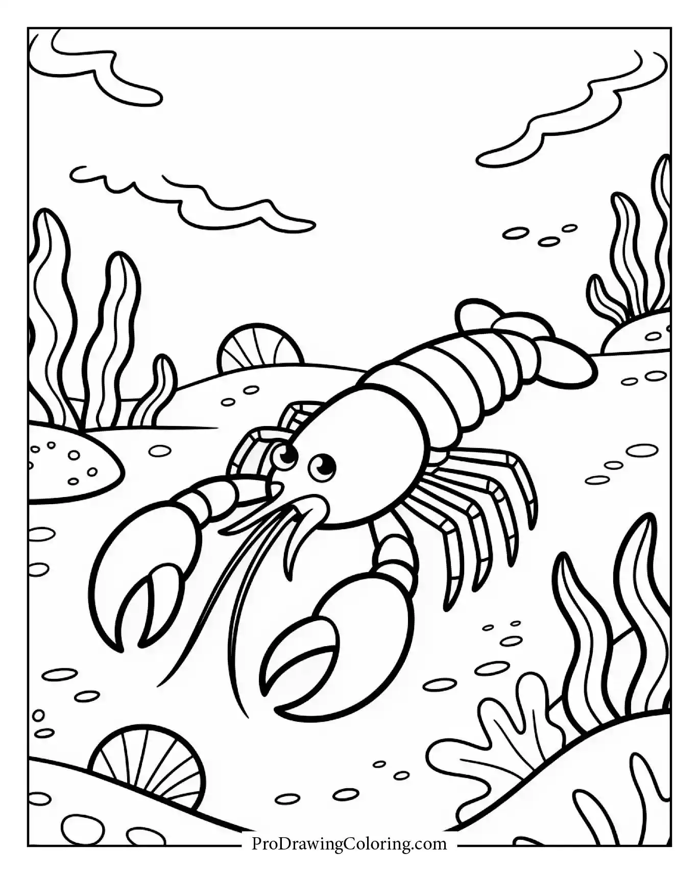 Cartoon lobster with claws walking on a sandy seabed for kids