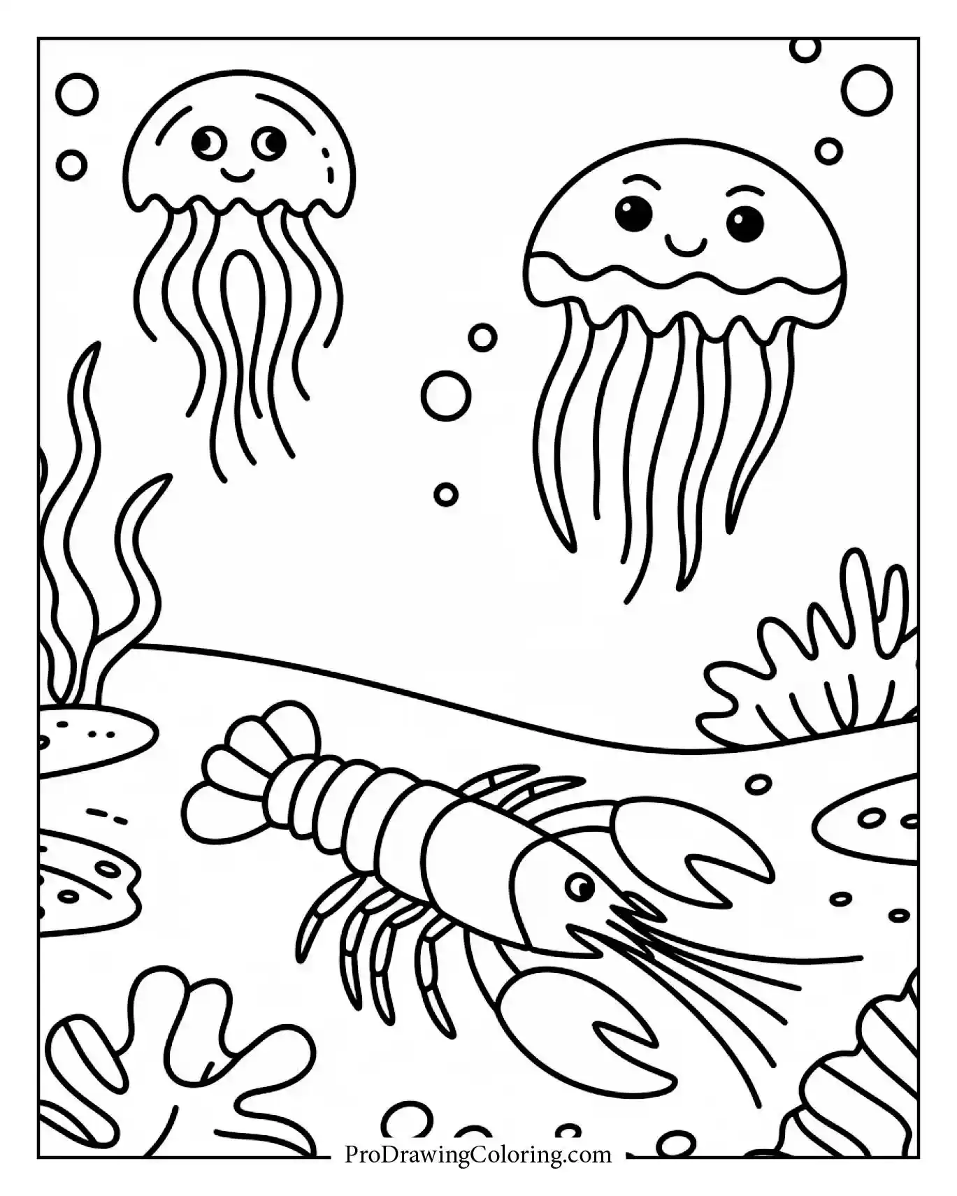 Cartoon lobster and jellyfish floating near a sandy seabed