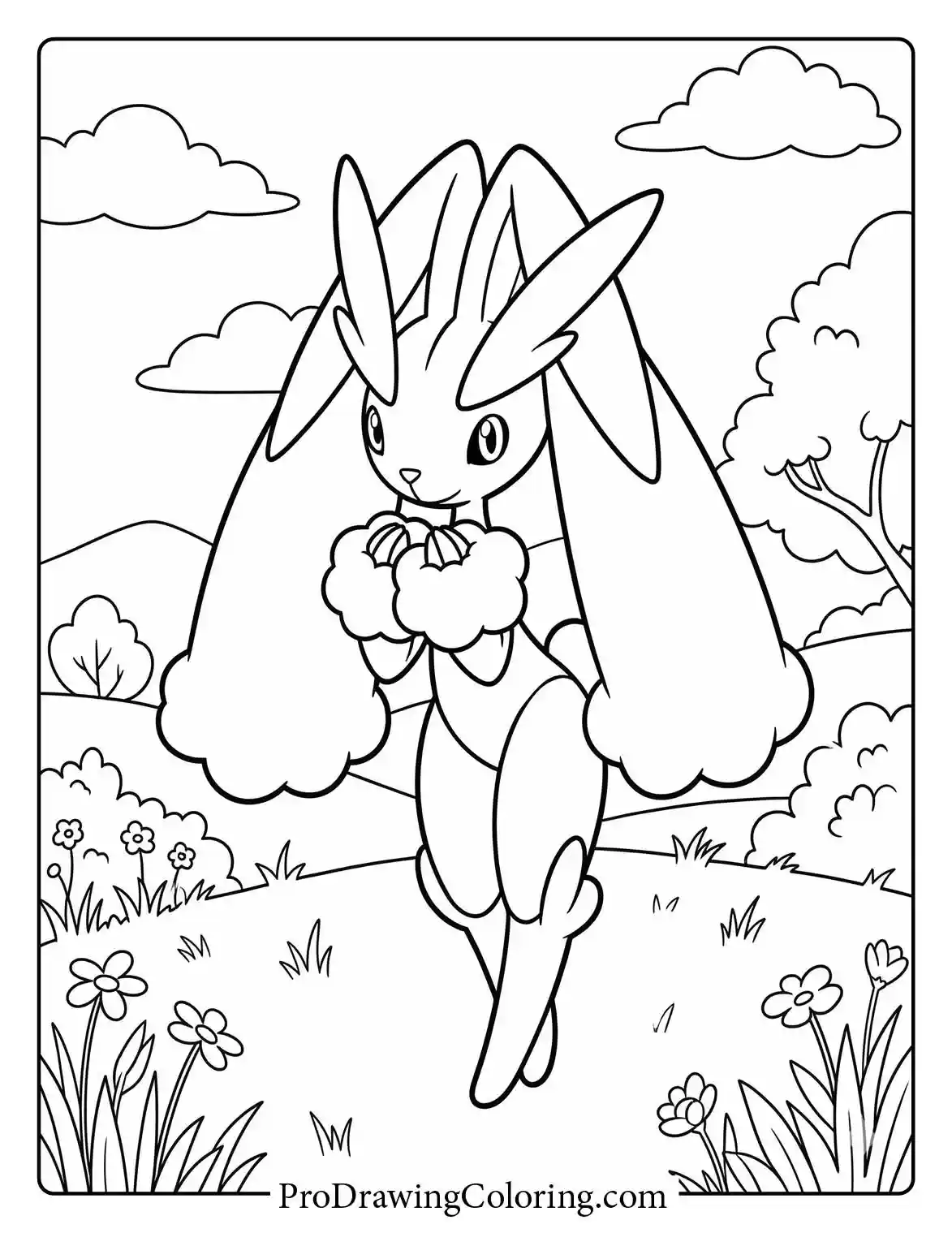 Printable of Lopunny striking a cute and elegant pose, standing in a beautiful meadow filled with flowers, grass, and trees under a cloudy spring sky.