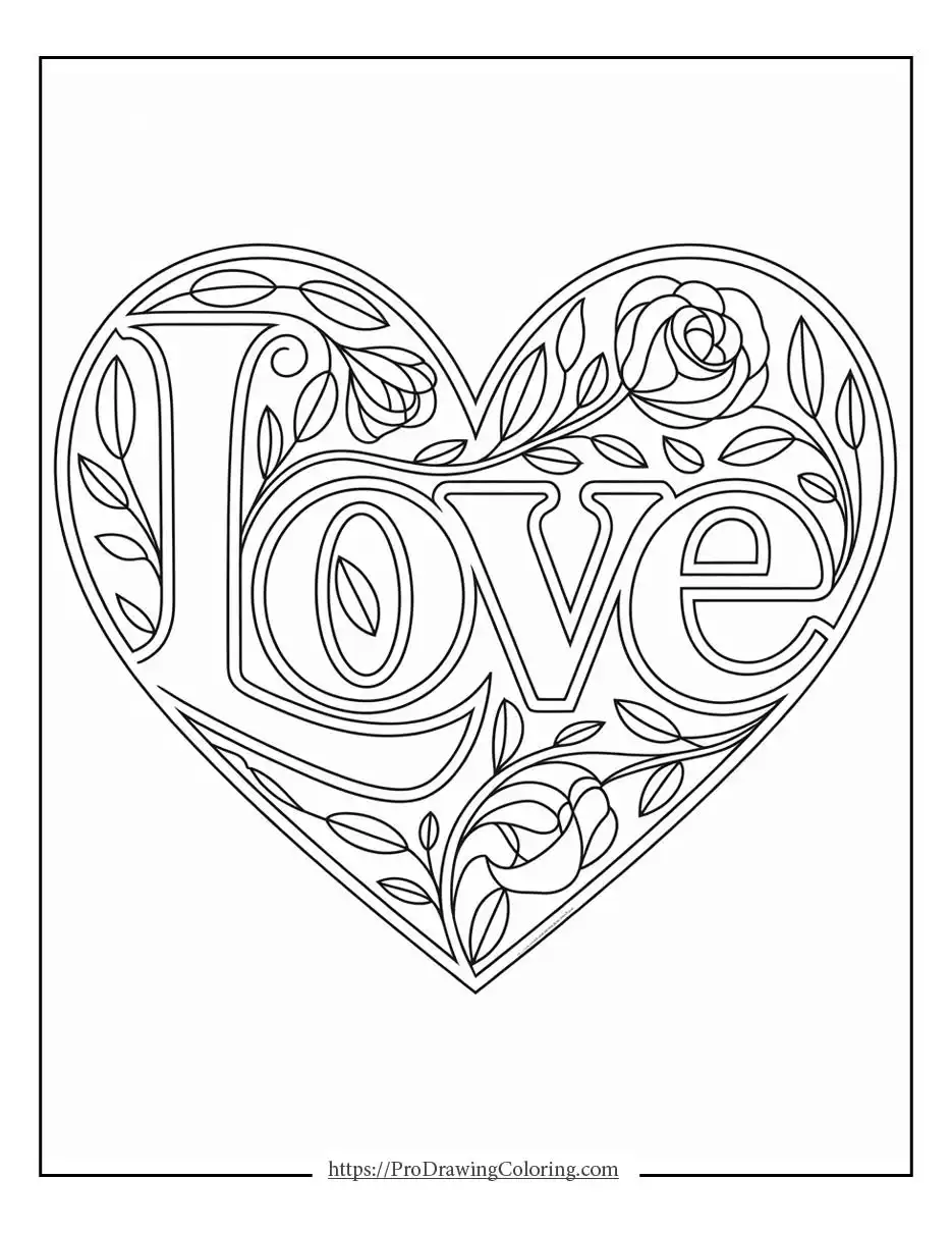 Detailed heart coloring pages with the word love surrounded by flowers and leaves, ideal for creative coloring