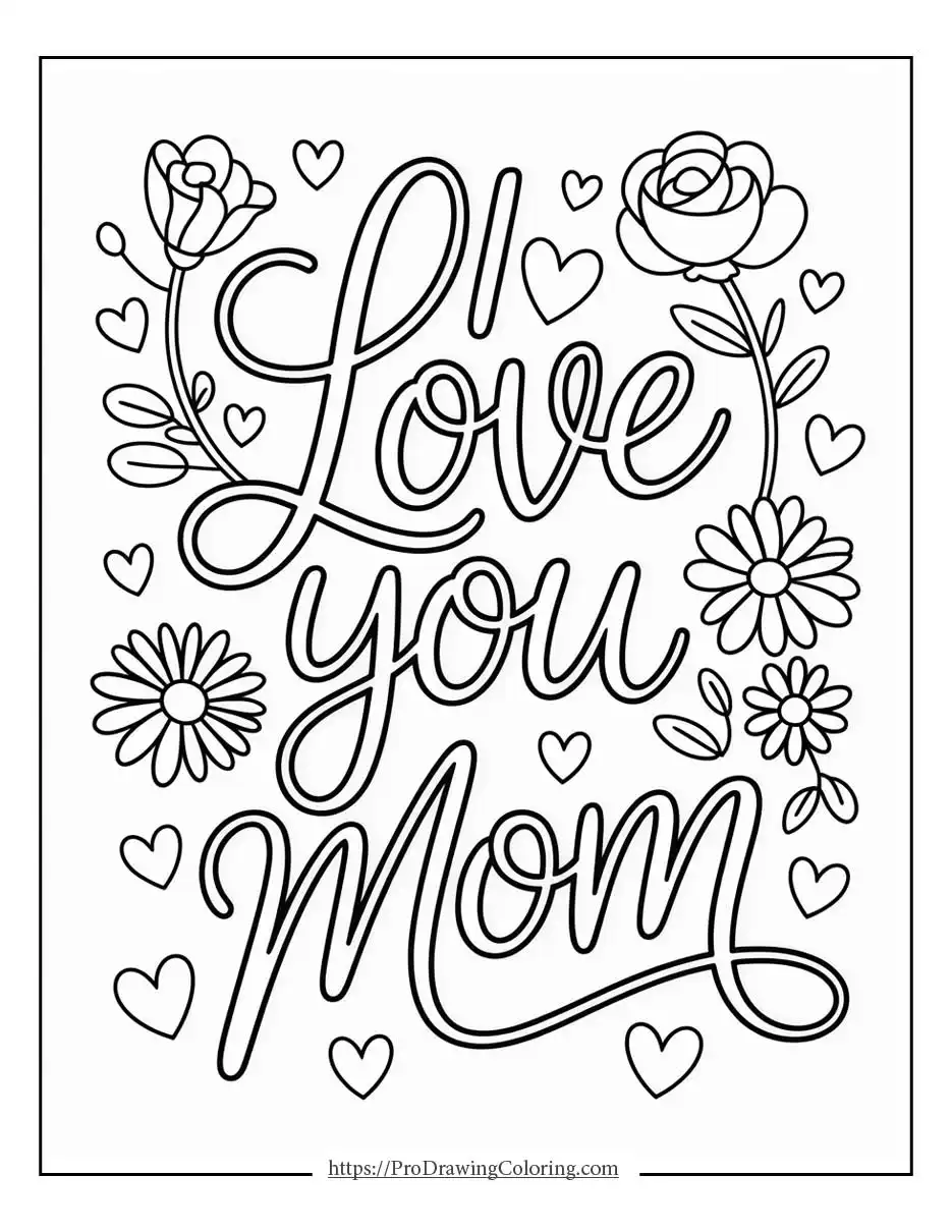 Handwritten love you mom message surrounded by flowers and hearts for Mothers Day