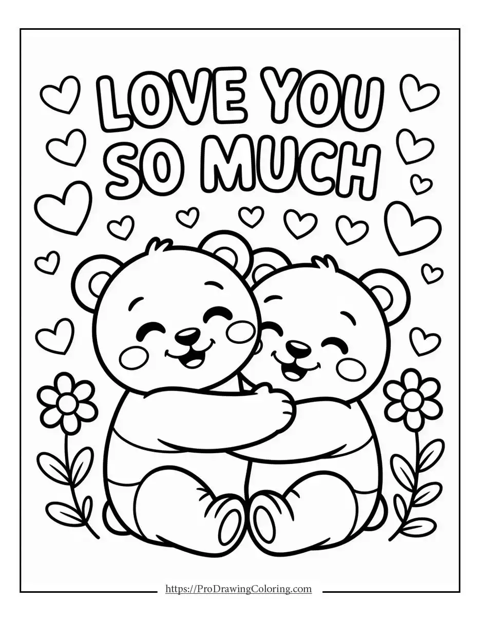 Love you so much valentine’s day coloring pages with cute bear couple and hearts, printable coloring page