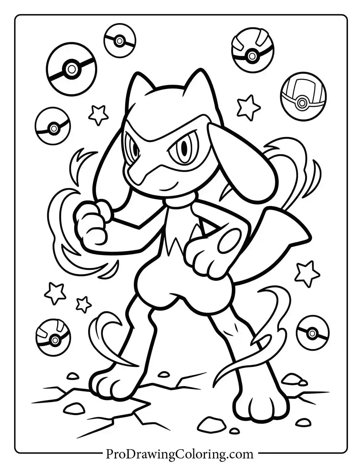 Printable of Lucario surrounded by floating Poké balls, striking a powerful and focused martial arts pose in a dynamic action game scene.