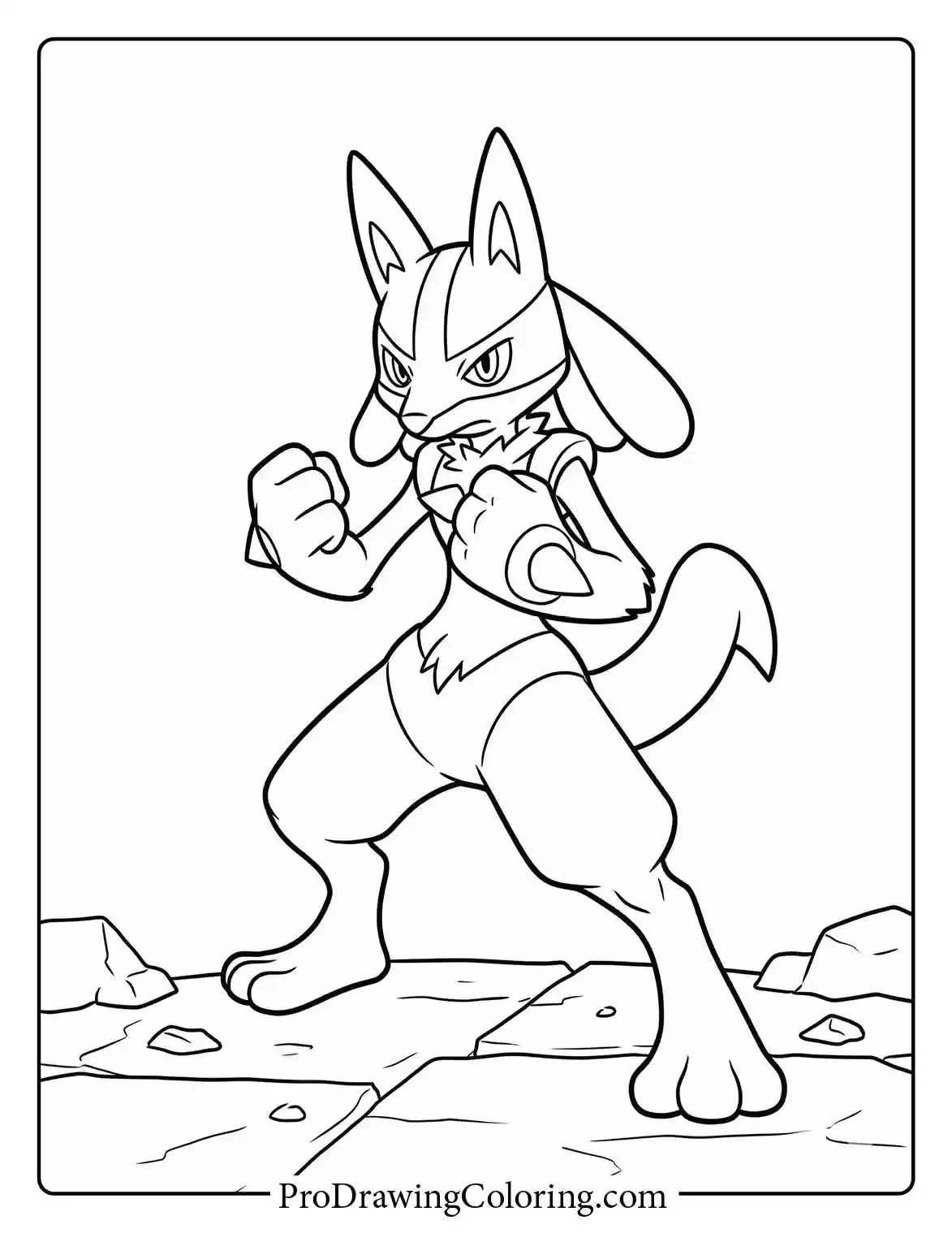 Lucario stands in a classic martial arts fighting stance on a stone path, looking highly focused and ready for an intense battle, an easy colouring page.