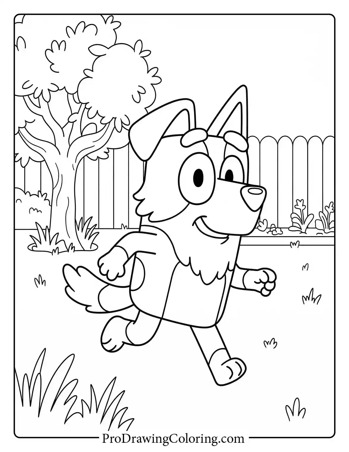 Mackenzie coloring page showing Bluey's friend, the Border Collie, running. Download this easy black and white sheet.