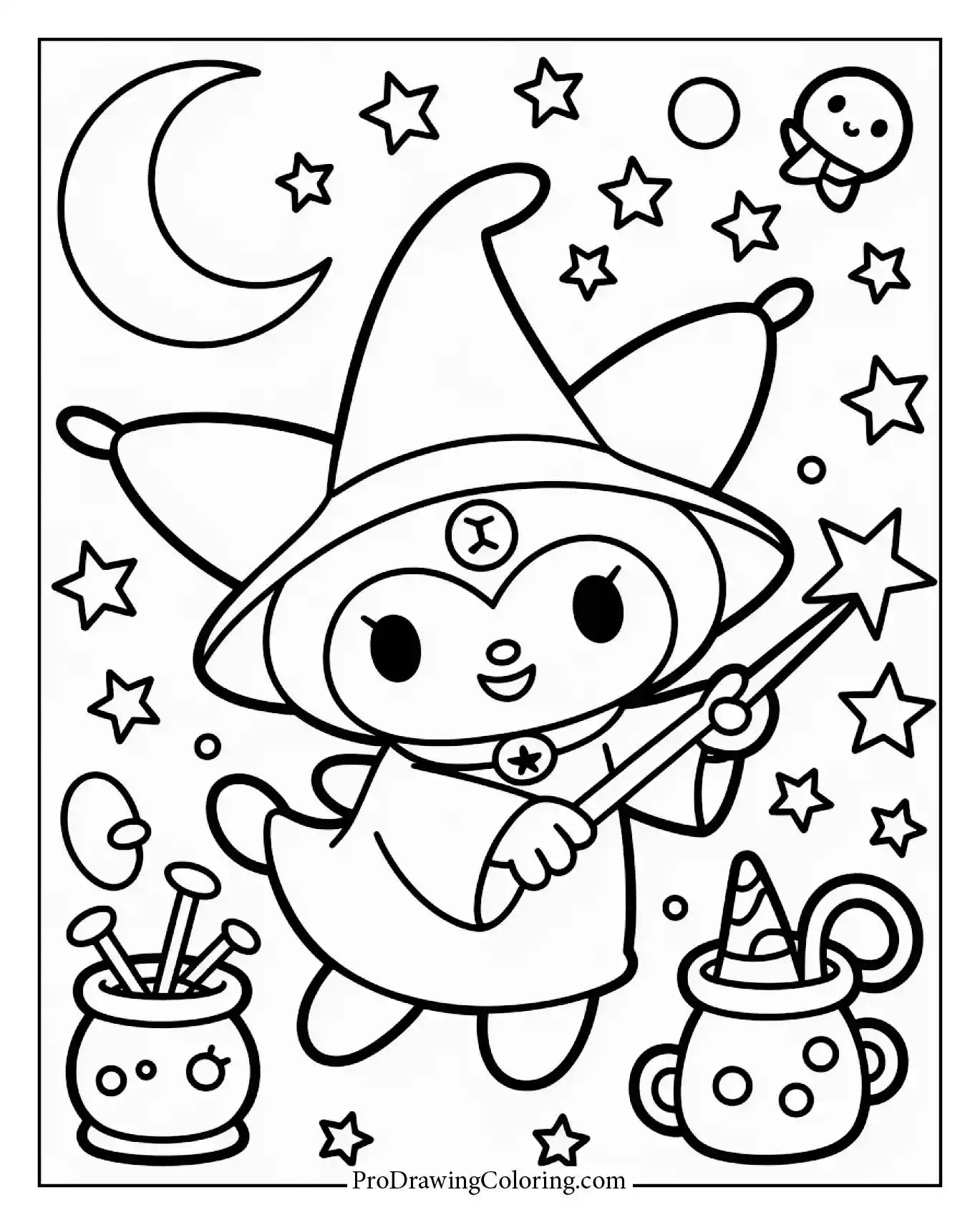 Magical Kuromi with stars and wands coloring sheet, fantasy world, magic wand.