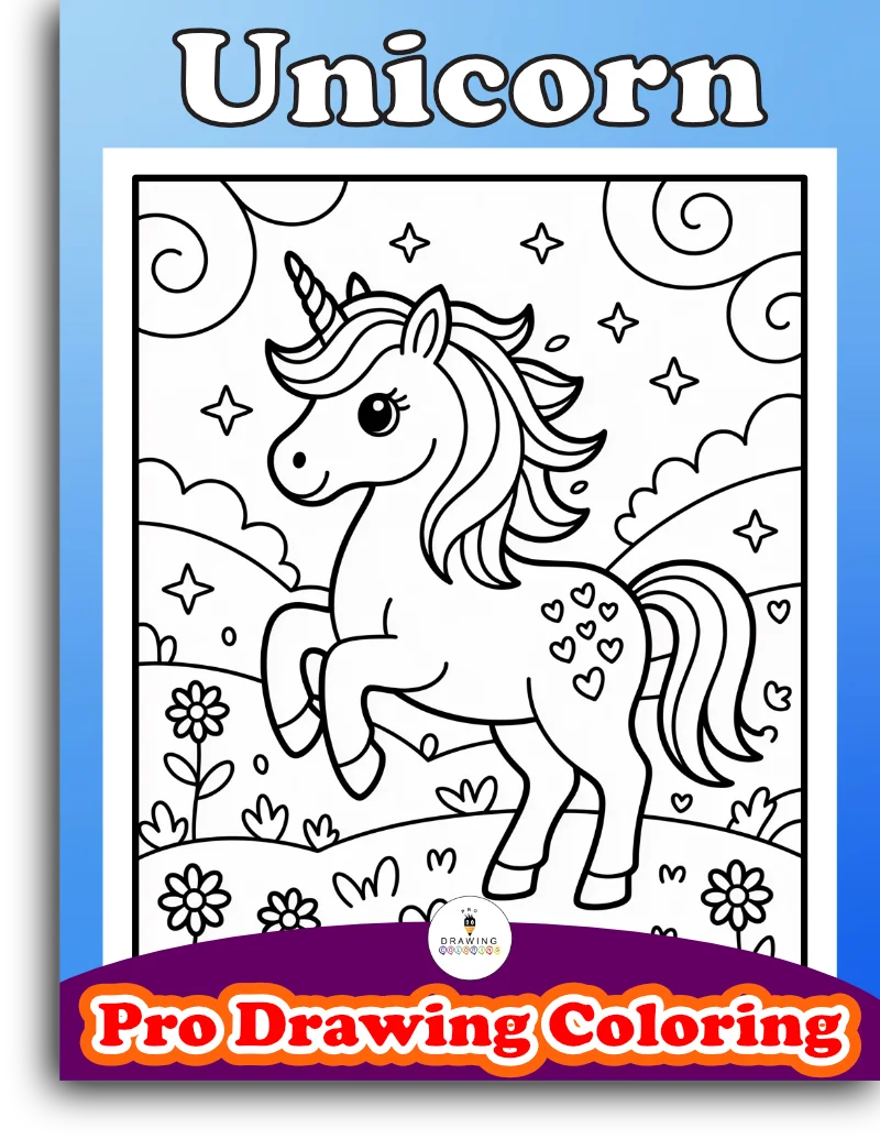 A happy unicorn with hearts and stars, new black and white fantasy coloring page to print and cut.
