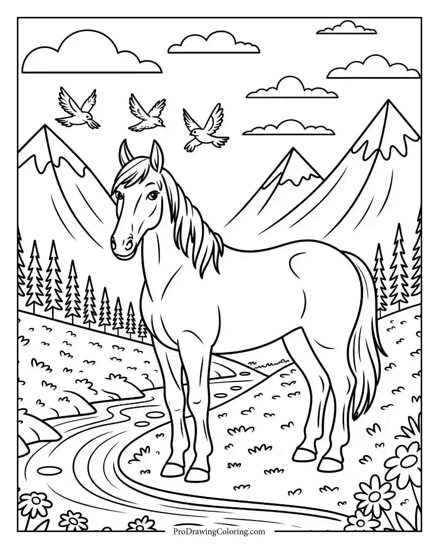 majestic horse in nature printable Free printable horse coloring page featuring a horse in a mountain scene