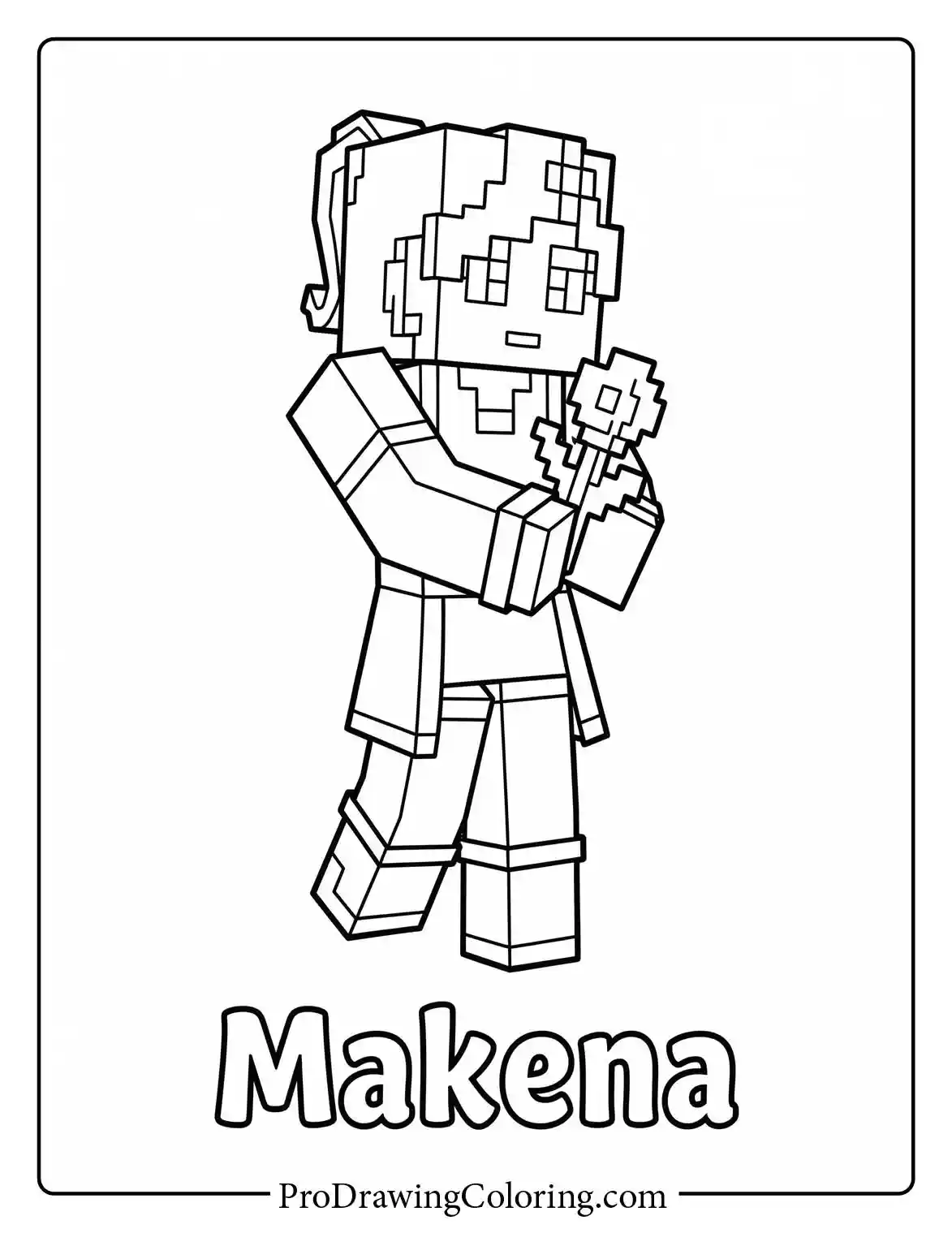Printable minecraft coloring sheets of Makena, a gentle character holding a small pixelated flower in a very sweet and friendly pose.