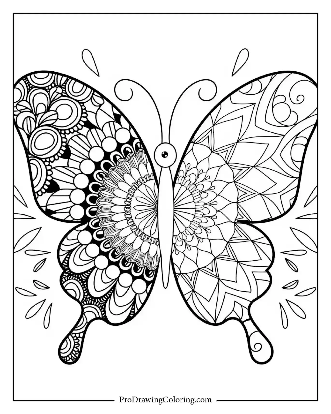 Butterfly with two different mandala wing patterns, decorative coloring for adults and teens.