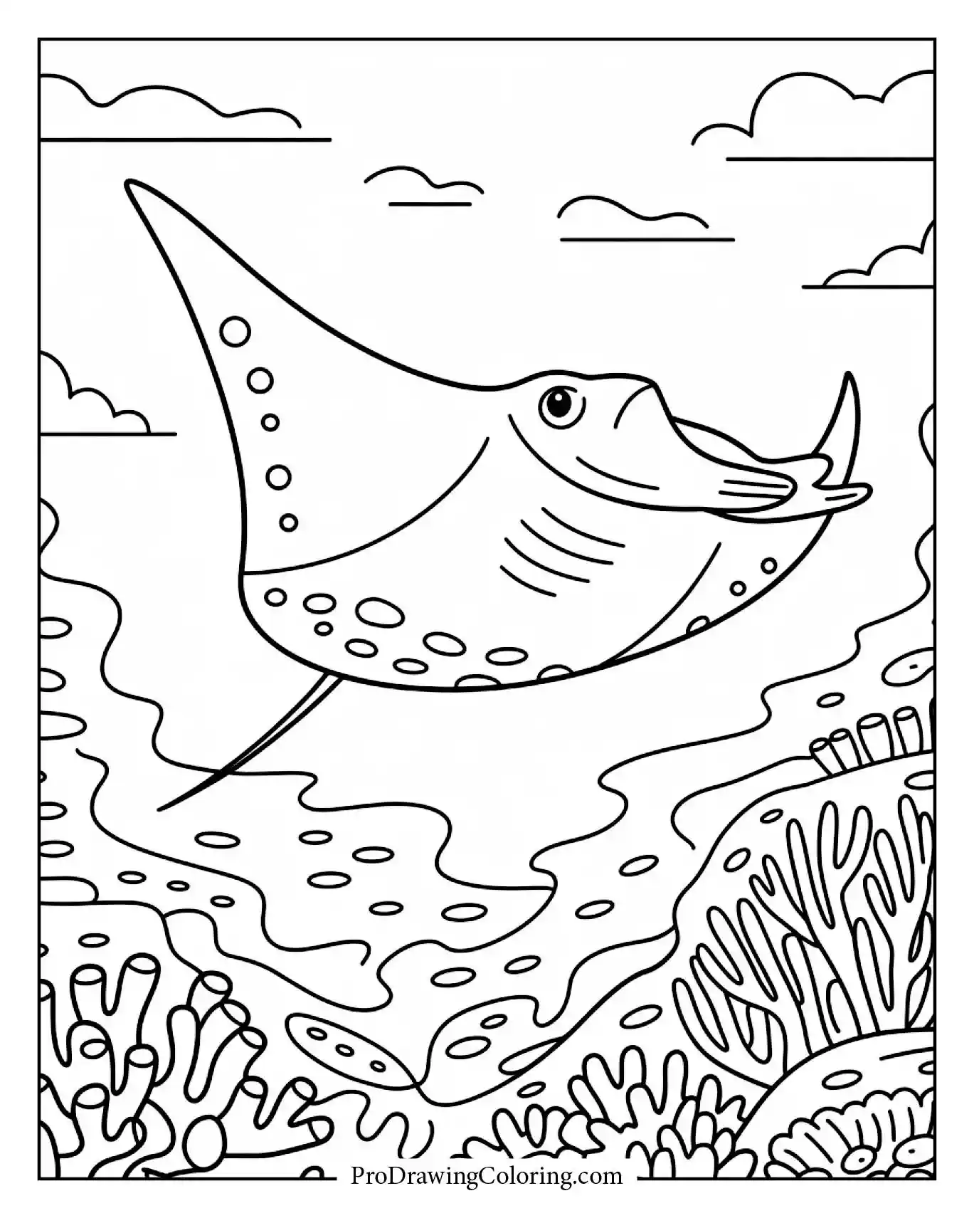 Manta ray swimming above a coral reef in a cartoon kids style